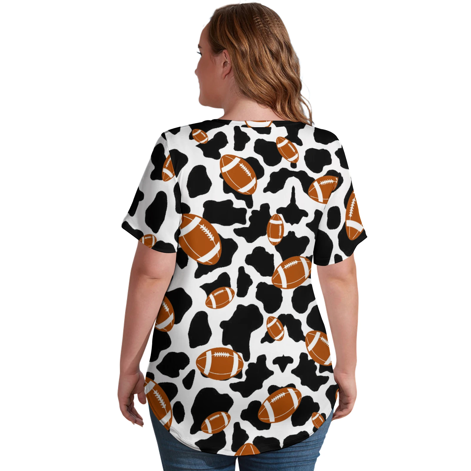 Women's V-Neck Short Sleeve Tee in Footballs And Cow Spots print – back view on model