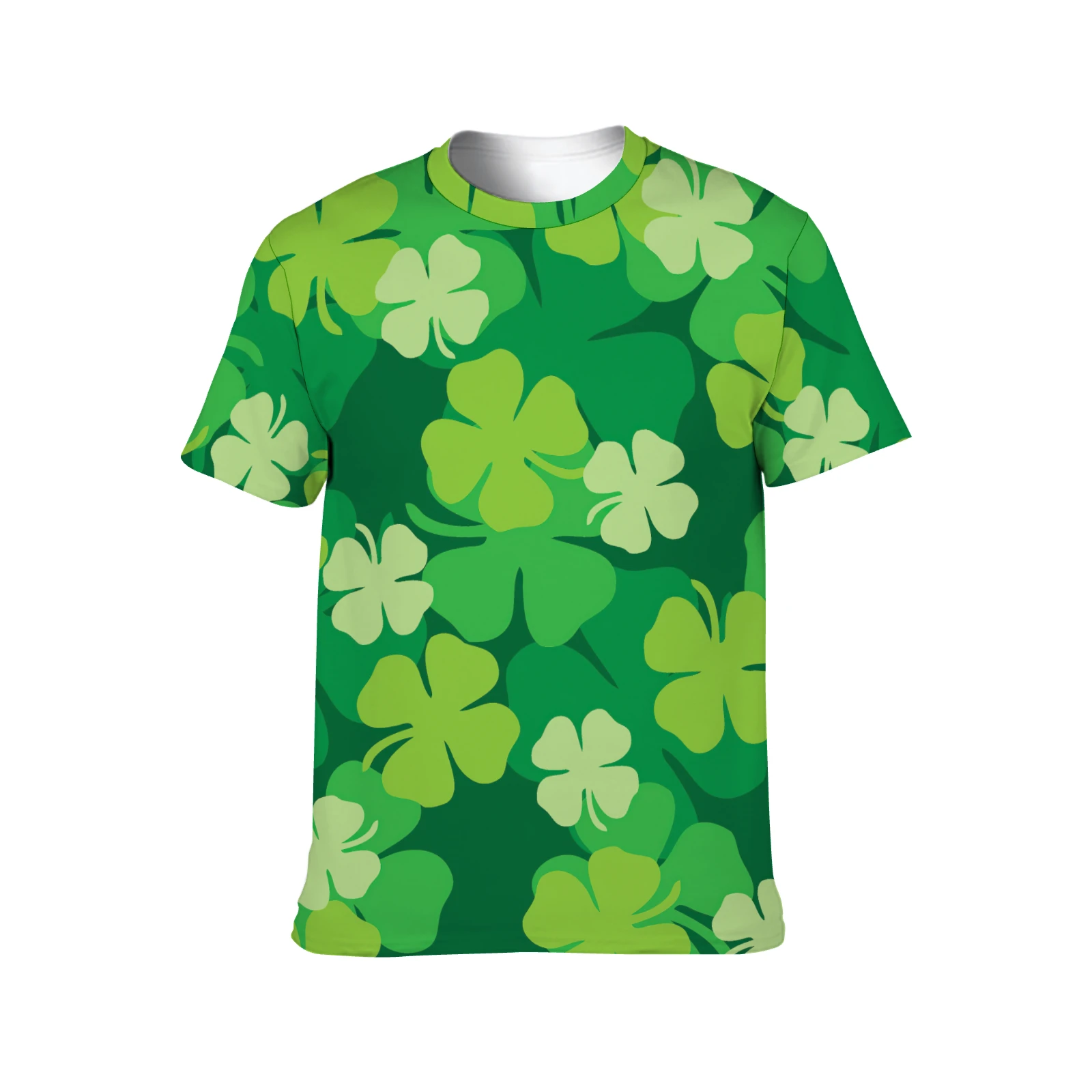 Unisex Crew Neck Short Sleeve Tee in Green Clover Scatter print – front product view