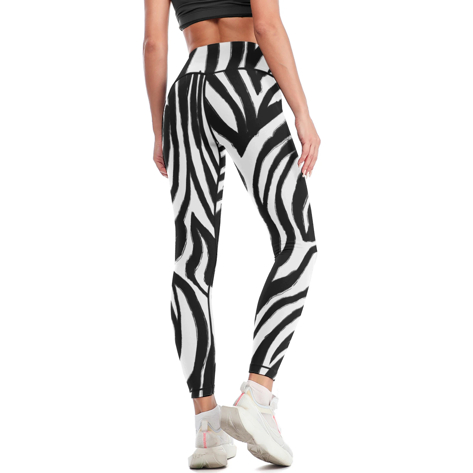 Women's High-Waist Yoga Leggings in Bold Zebra Stripes print – back three-quarter view
