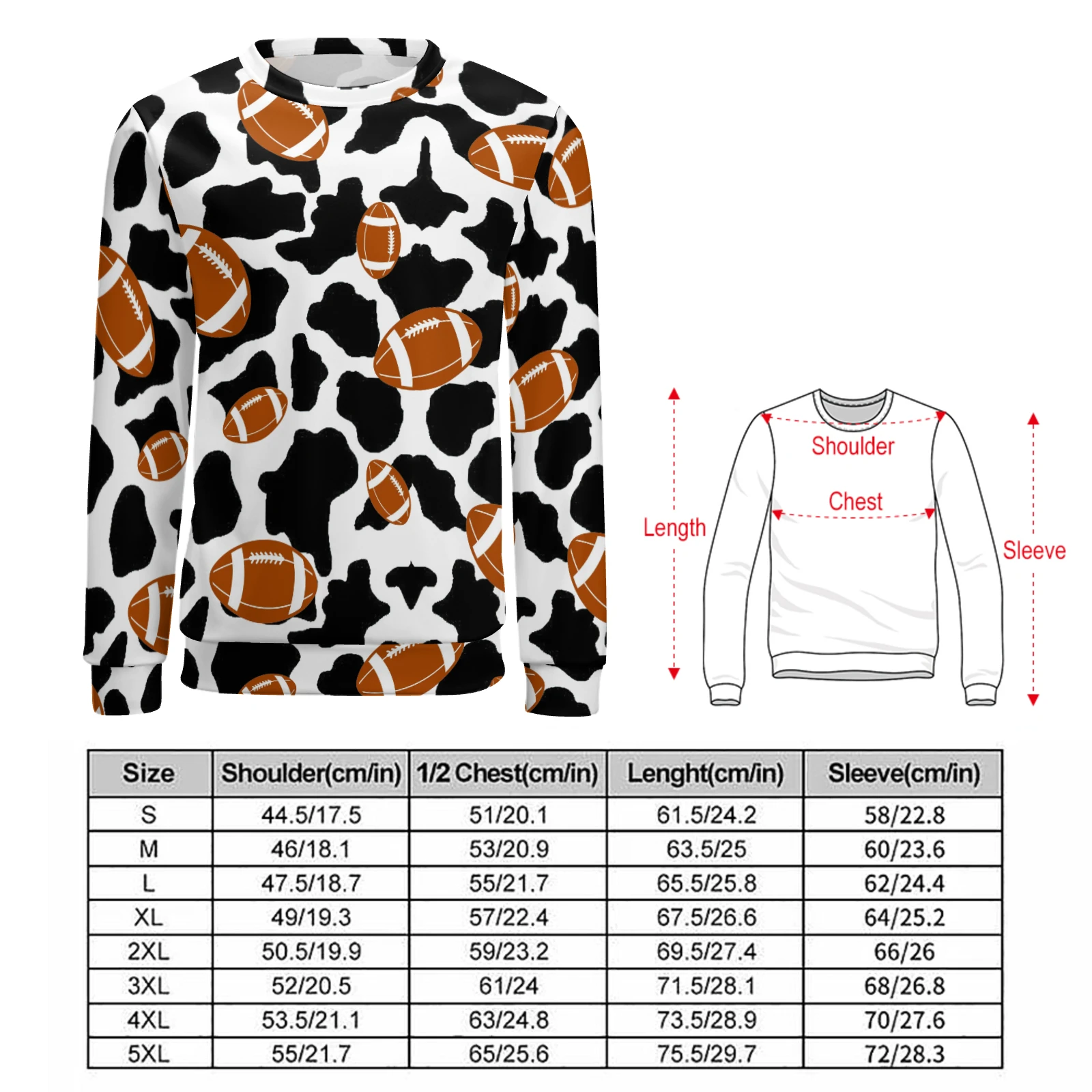 Men's Crew Neck Sweatshirt in Footballs And Cow Spots print – front with size chart