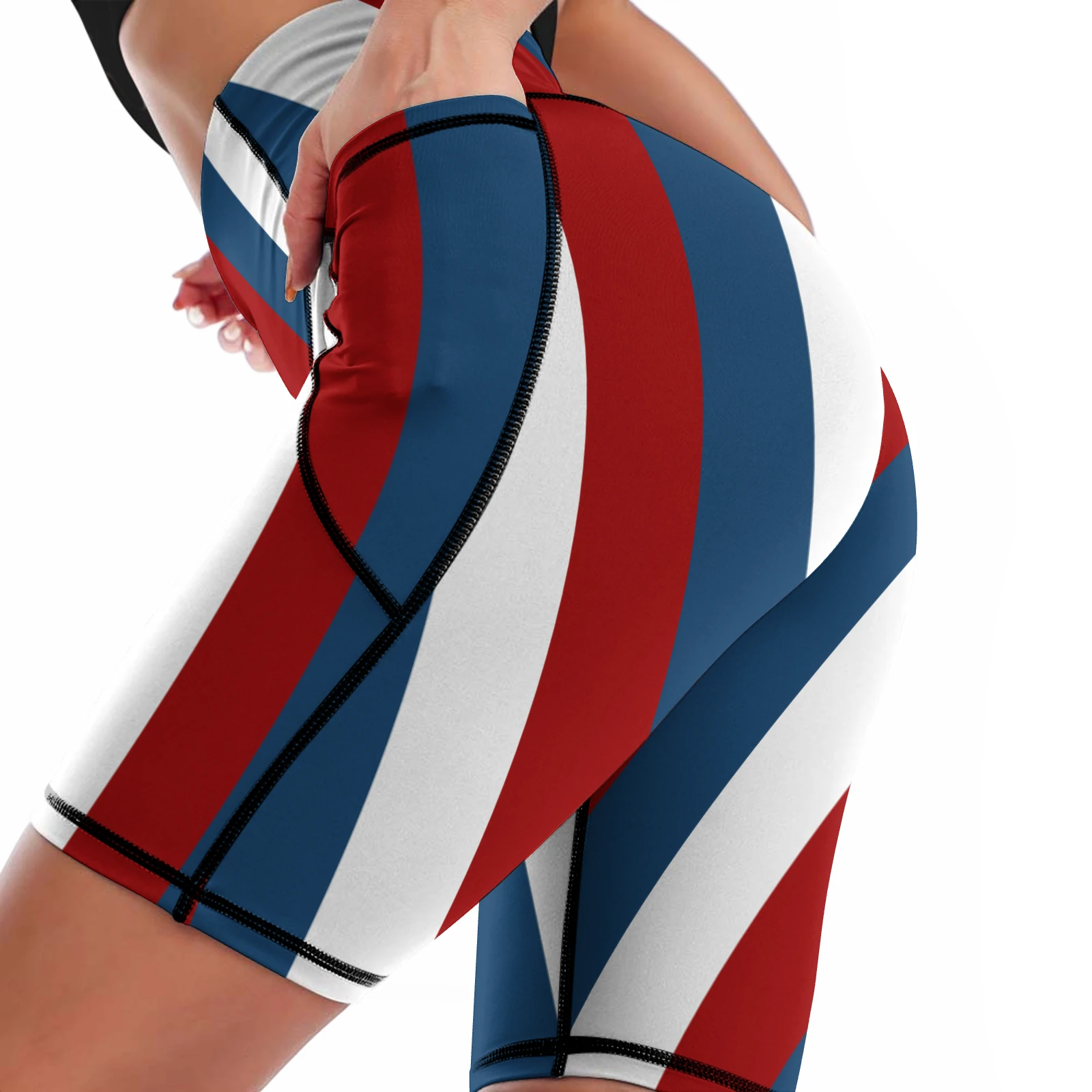 Women's High-Waist Bike Shorts with Pockets in Tricolor Vertical Stripes print – side pocket close-up