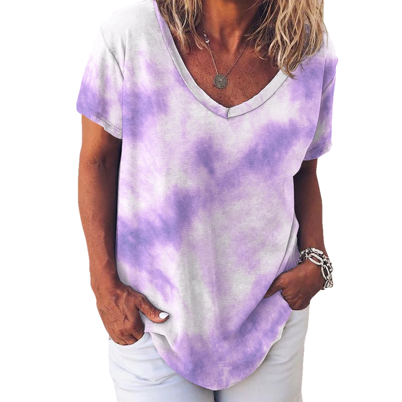 Women's V-Neck Short Sleeve Tee in Lavender Tie-Dye print – front view styled with white trousers