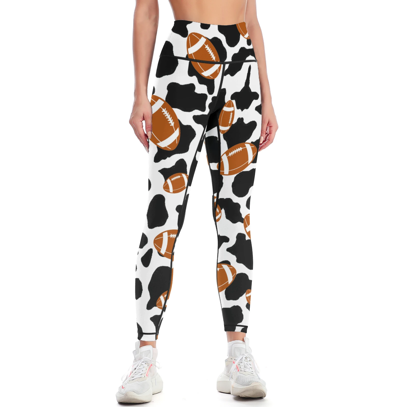 Women's High-Waist Yoga Leggings in Footballs And Cow Spots print – front view
