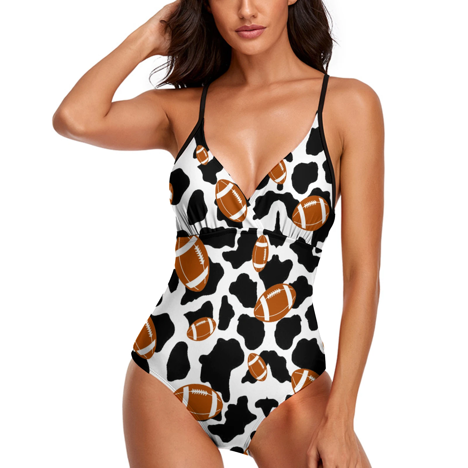 Women's V-Neck Adjustable Strap One-Piece Swimsuit in Footballs And Cow Spots print – front detail view