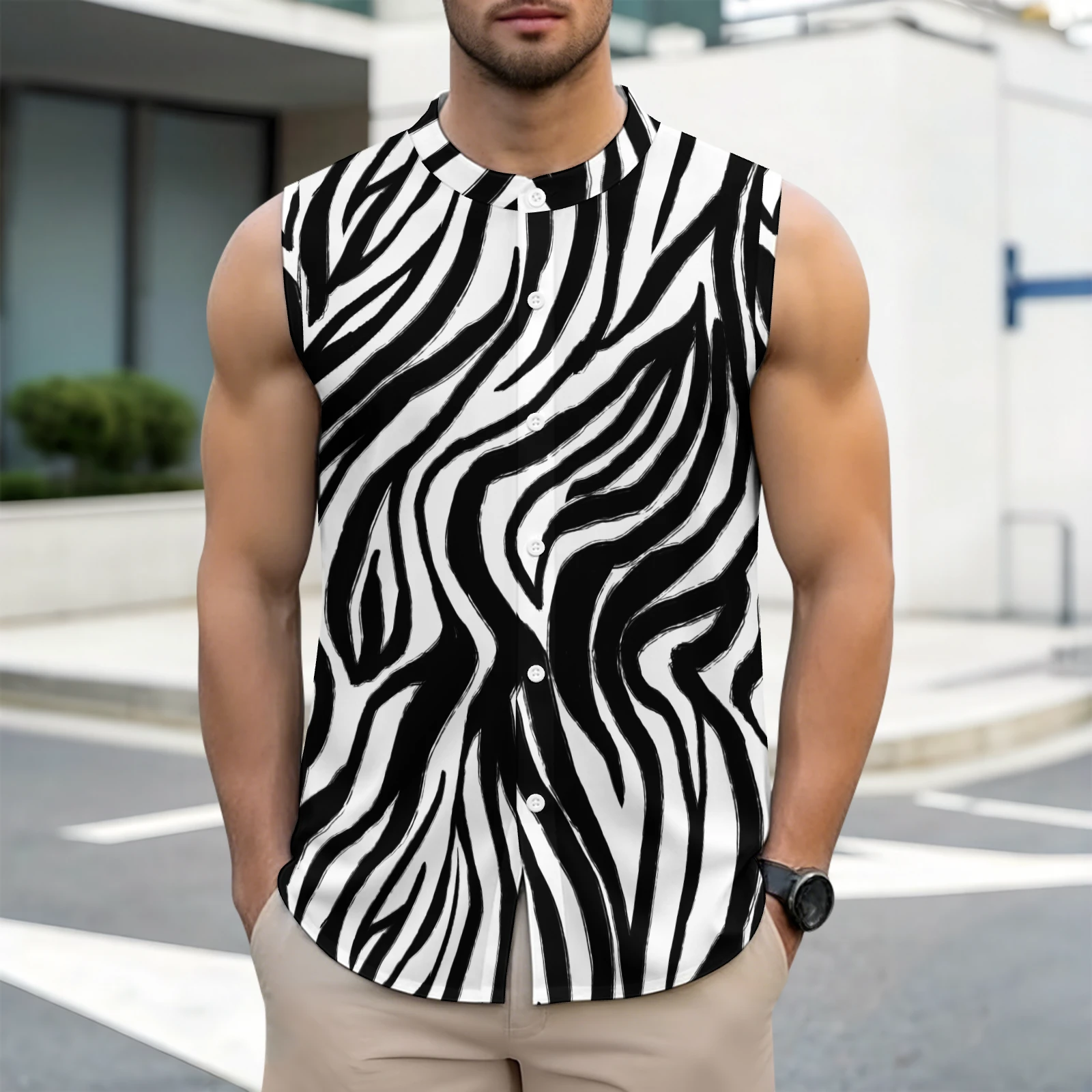 Men's Sleeveless Button-Up Shirt in Bold Zebra Stripes print – outdoor lifestyle shot