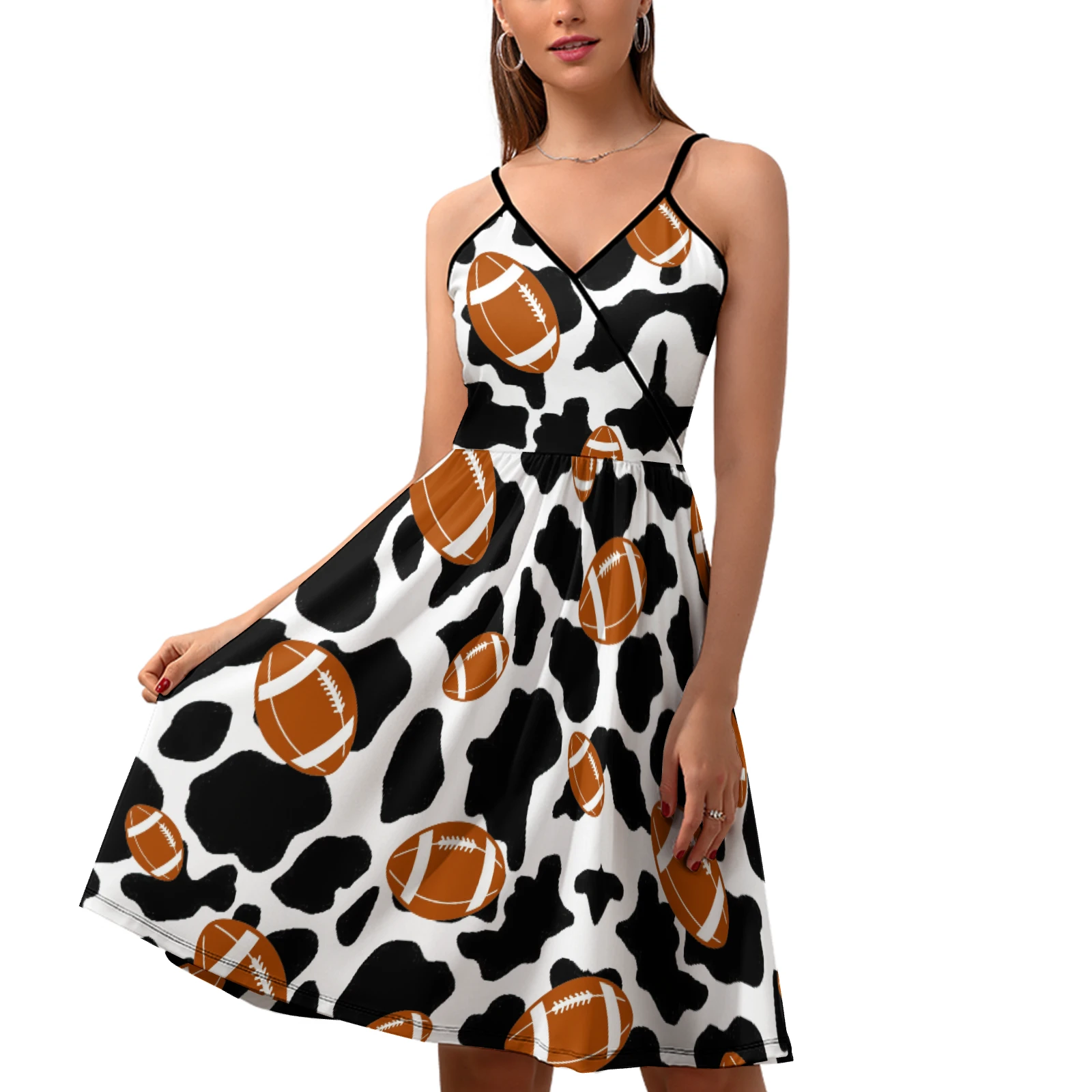 Women's V-Neck Cami Skater Dress in Footballs And Cow Spots print – front view skirt extended