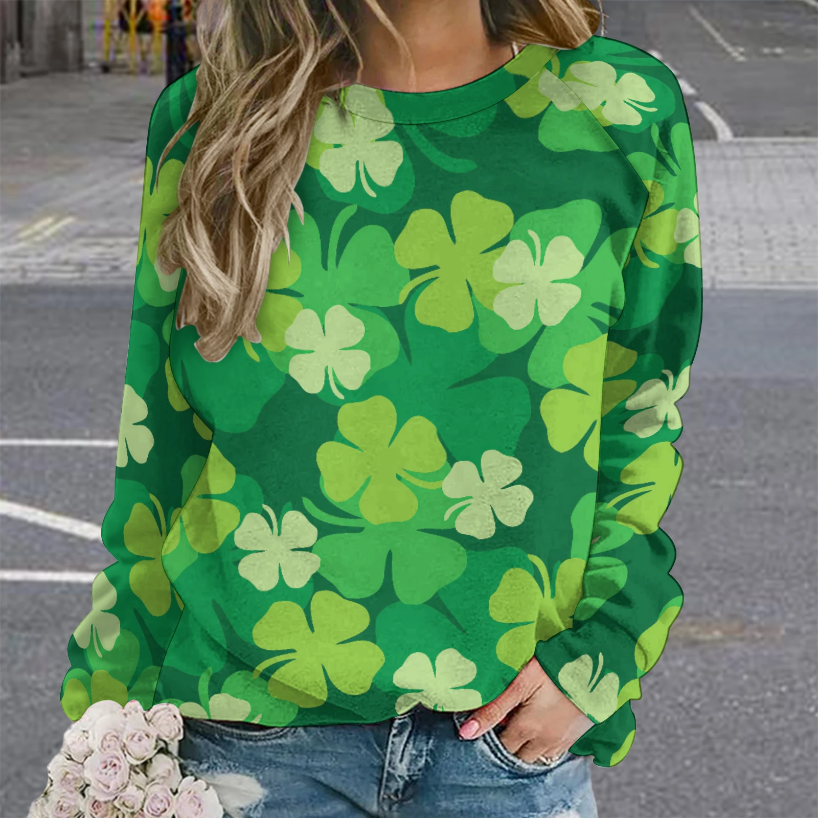Women's Raglan Crew Neck Sweatshirt in Green Clover Scatter print – street lifestyle shot