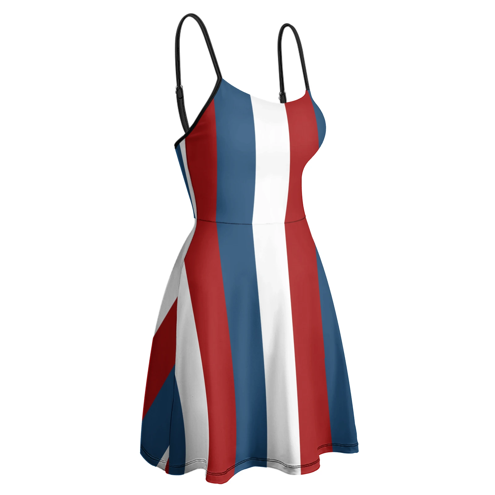 Women's Cami Skater Mini Dress in Tricolor Vertical Stripes print – front three-quarter view