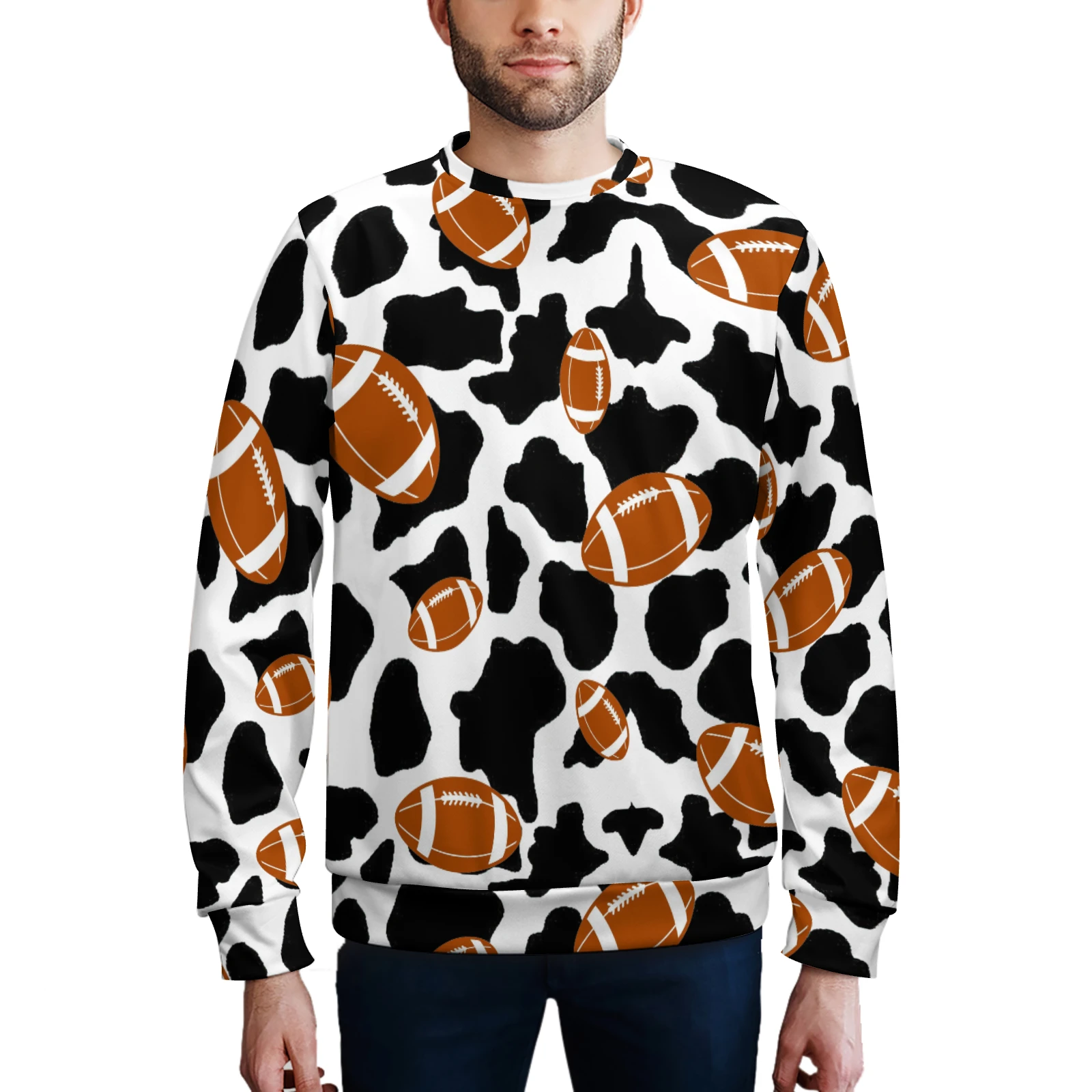 Men's Crew Neck Sweatshirt in Footballs And Cow Spots print – front view on model