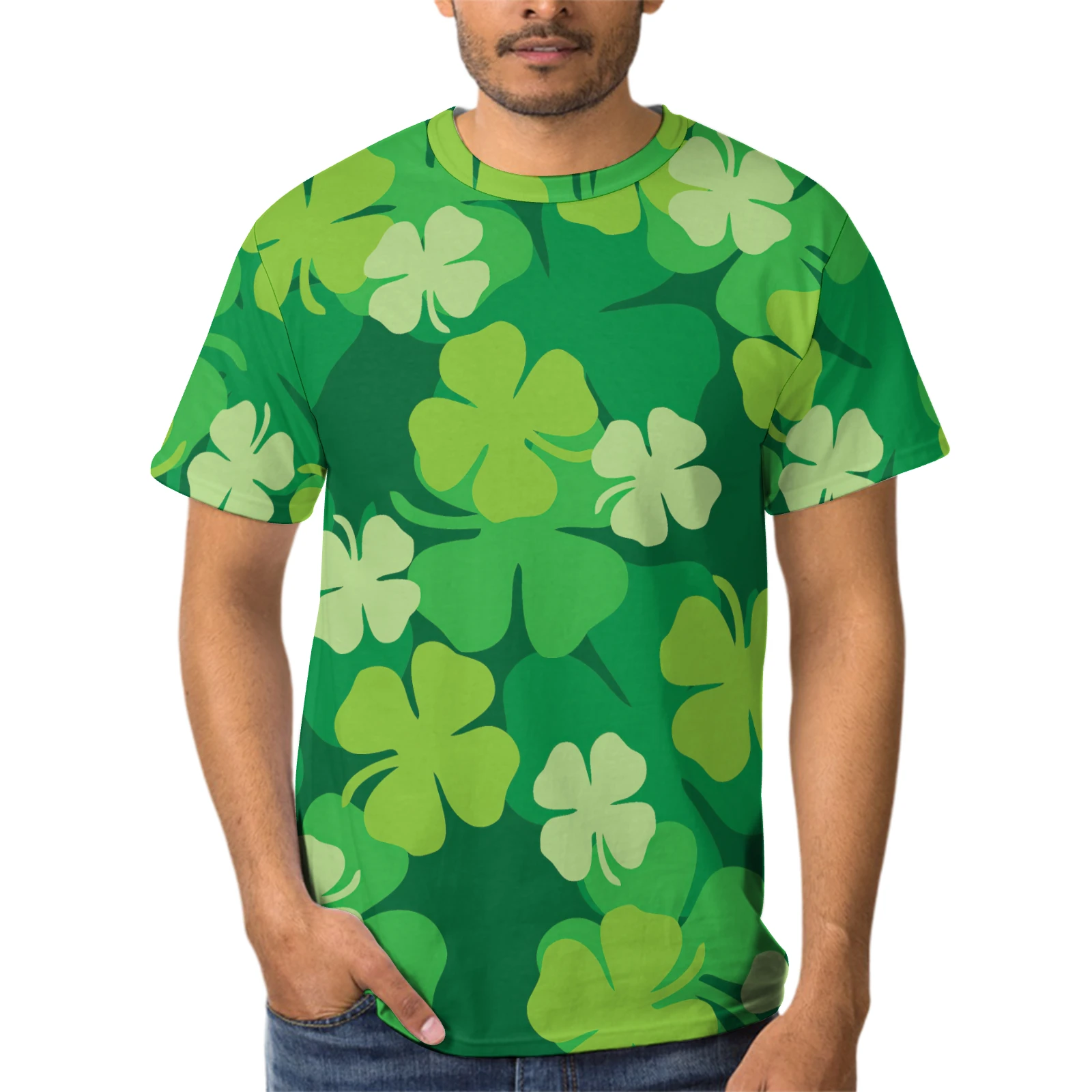 Unisex Crew Neck Short Sleeve Tee in Green Clover Scatter print – front view on model