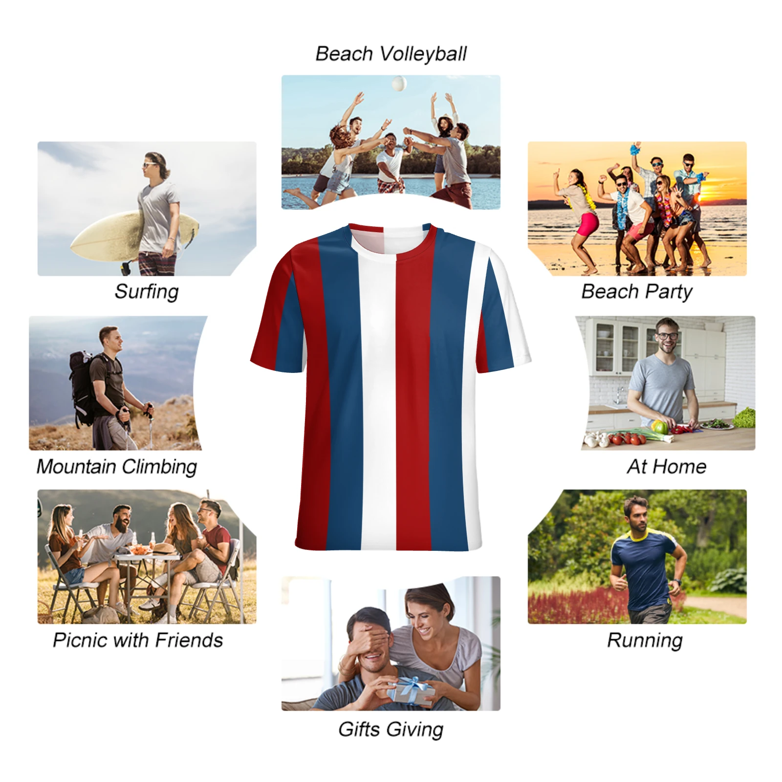 Men's Crew Neck Short Sleeve Tee in Tricolor Vertical Stripes print – lifestyle occasion collage