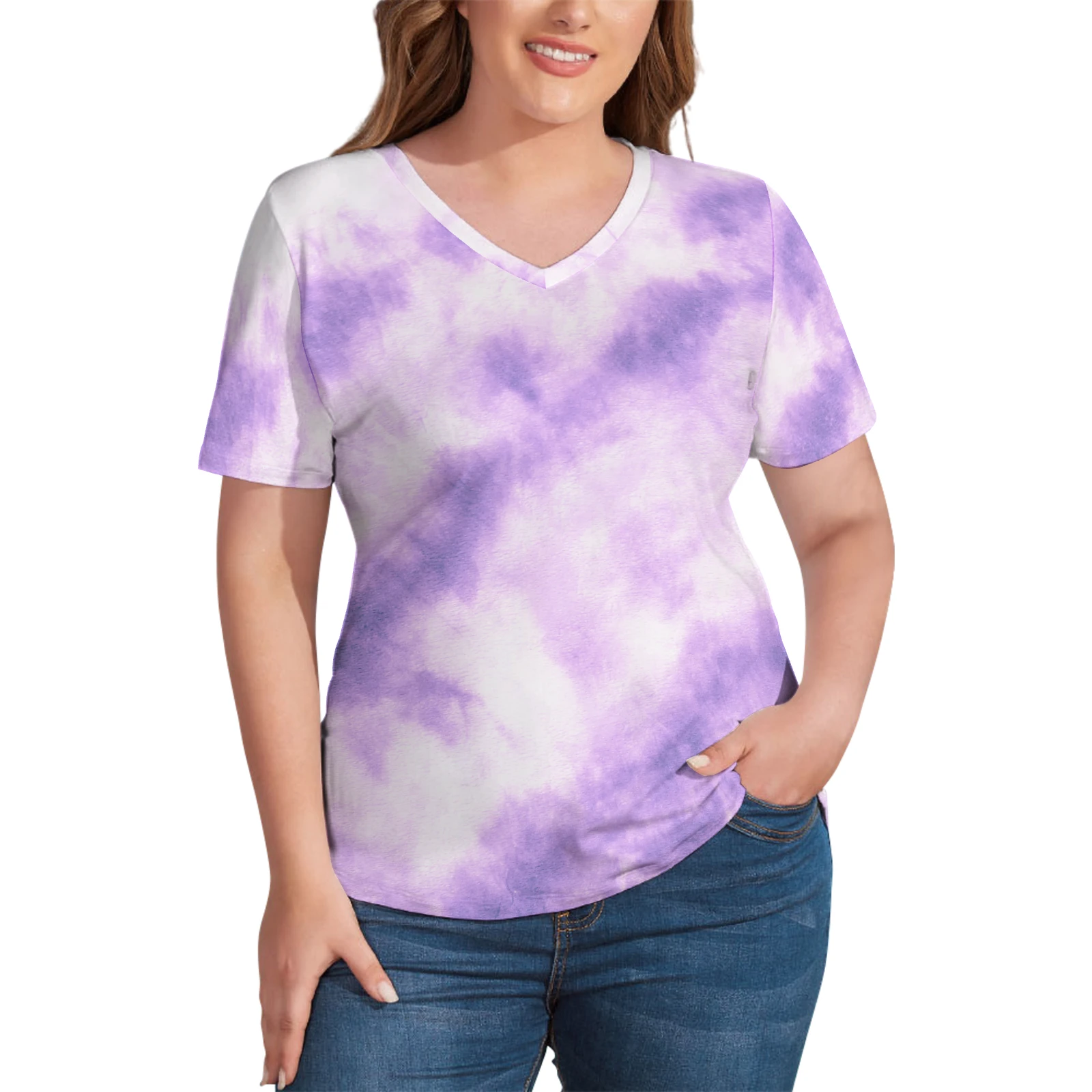 Women's V-Neck Short Sleeve Tee in Lavender Tie-Dye print – front view styled with jeans