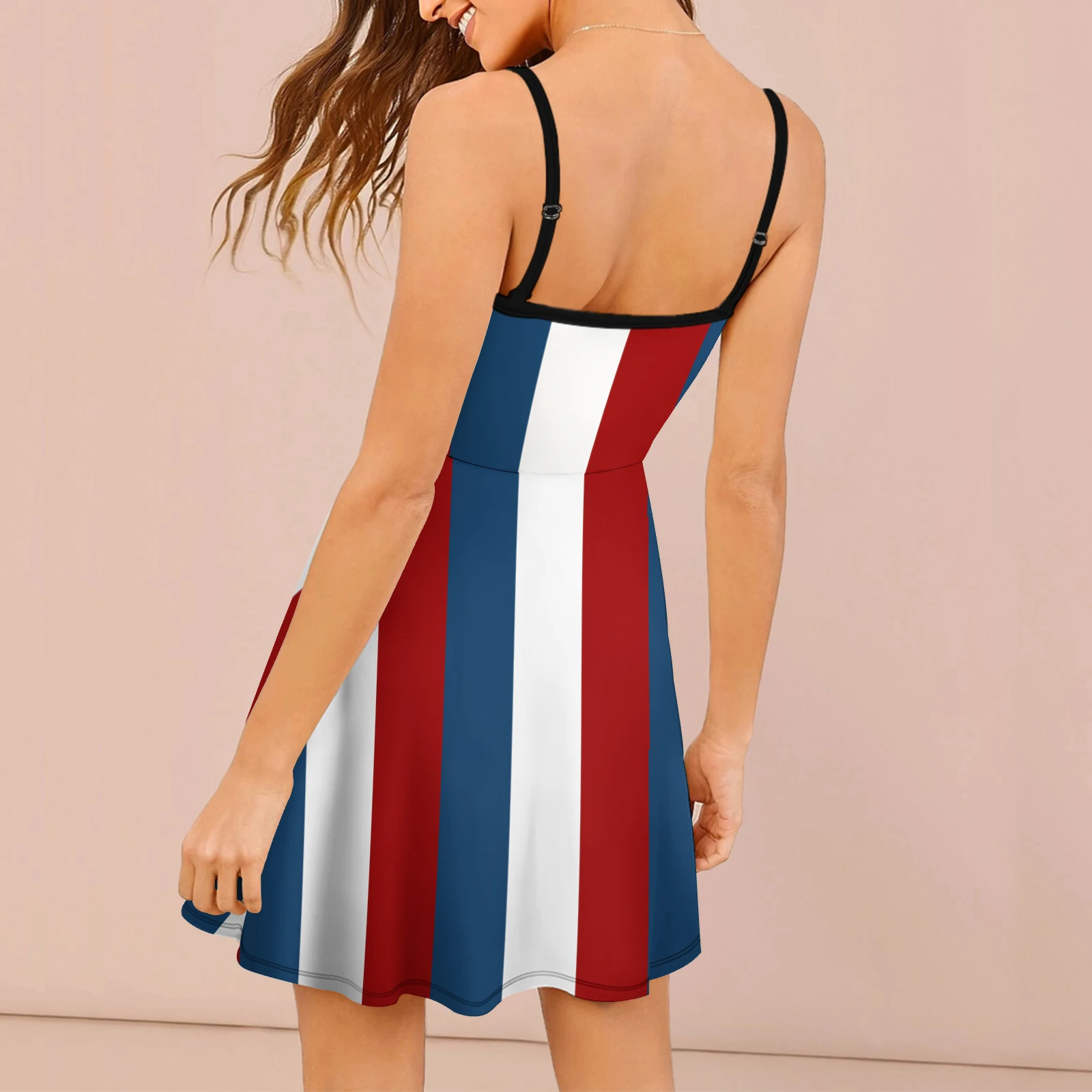 Women's Cami Skater Mini Dress in Tricolor Vertical Stripes print – back view on model