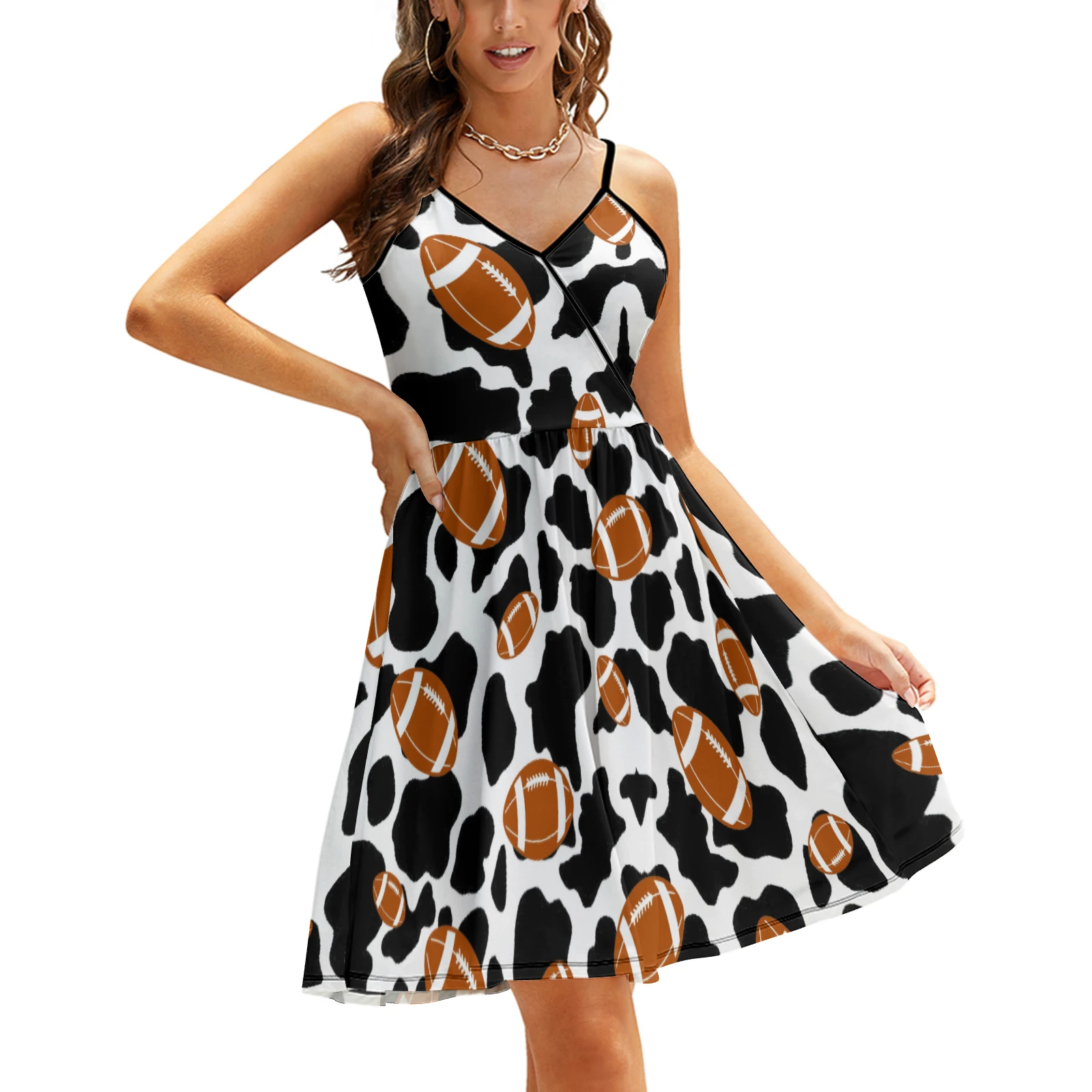 Women's V-Neck Cami Skater Dress in Footballs And Cow Spots print – front view skirt extended