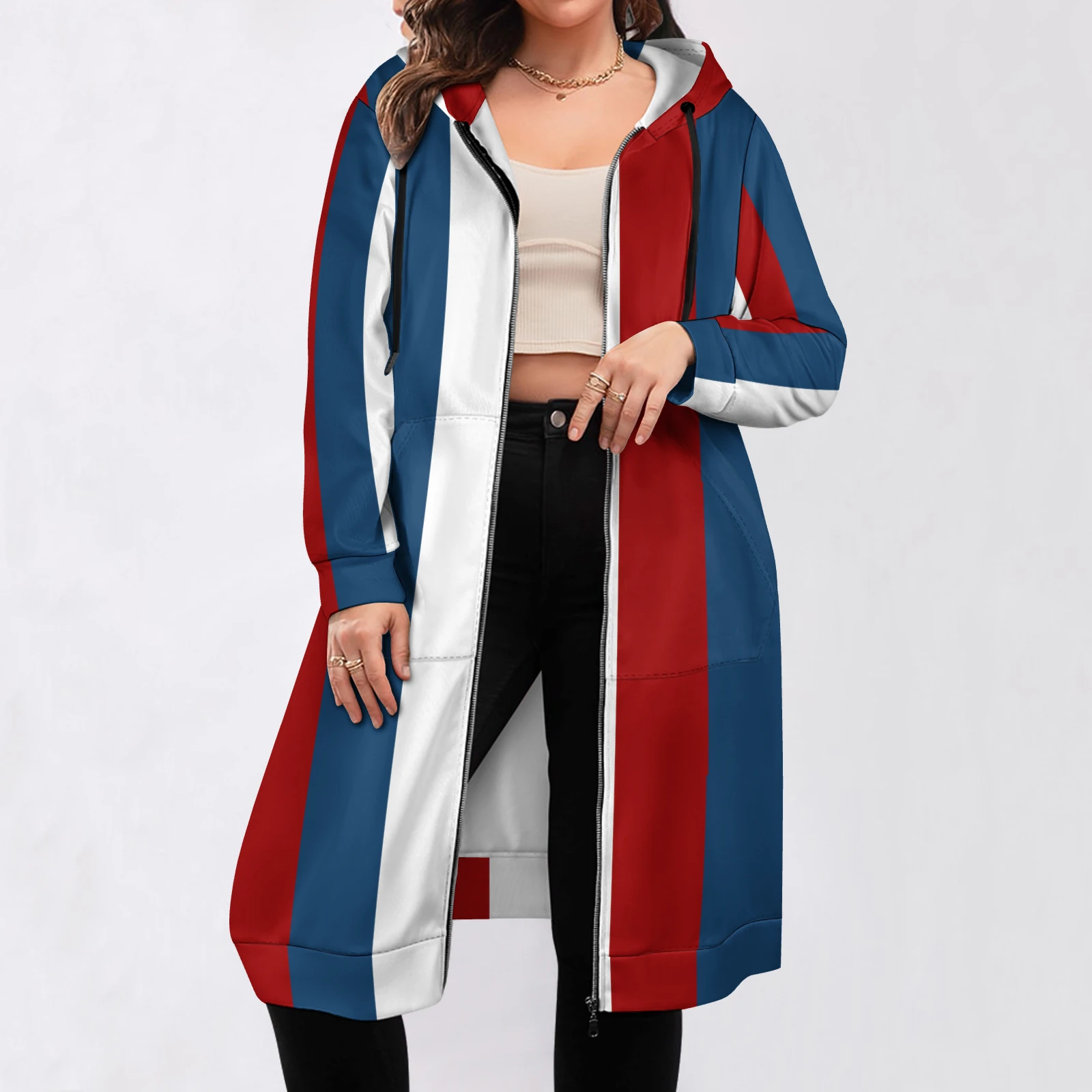 Women's Longline Full Zip Hoodie in Tricolor Vertical Stripes print – unzipped front on model