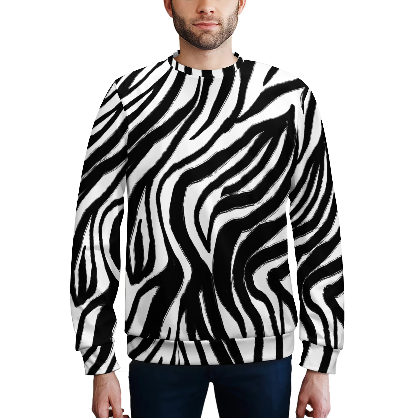 Men's Crew Neck Sweatshirt in Bold Zebra Stripes print – front view on model