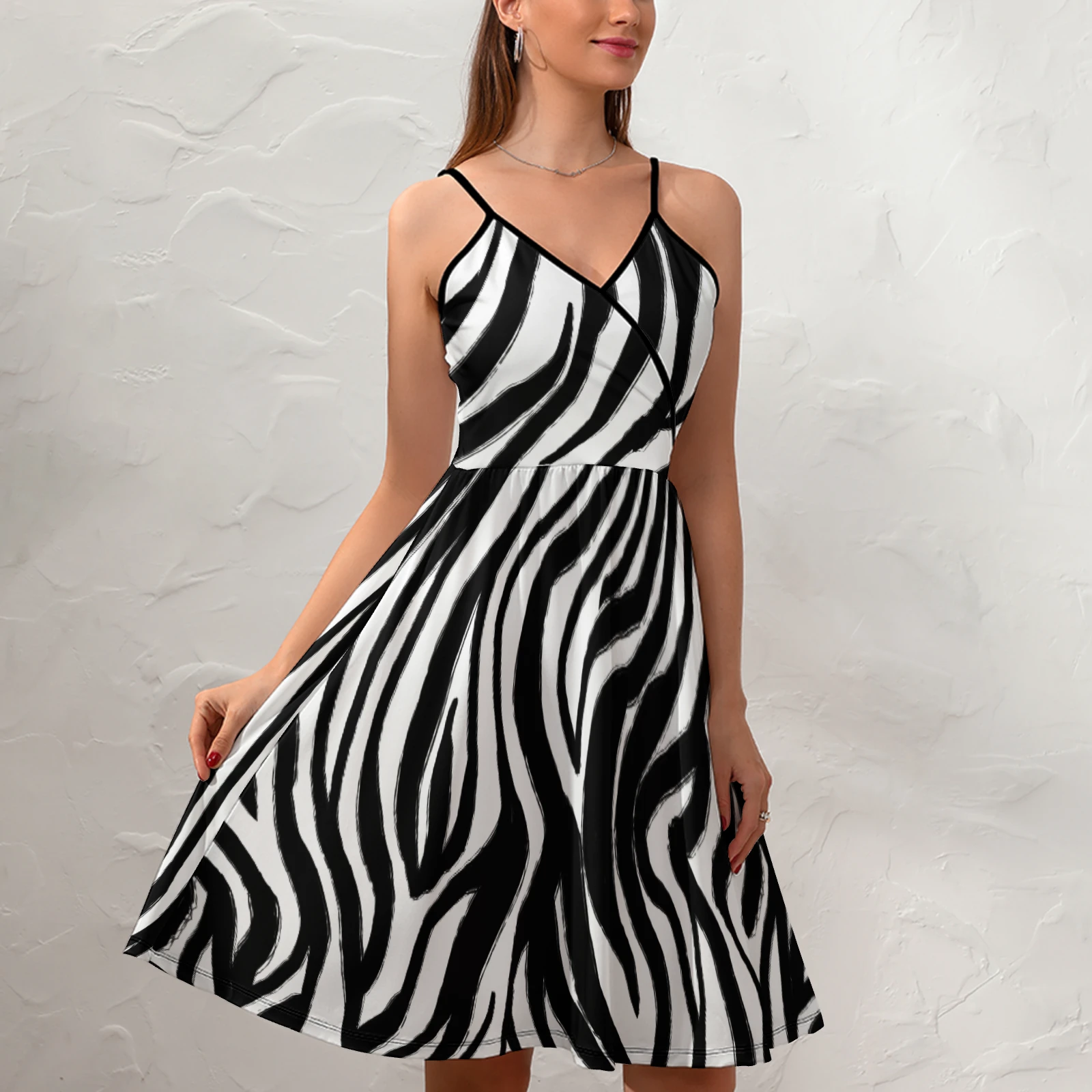 Women's V-Neck Cami Skater Dress in Bold Zebra Stripes print – front lifestyle view