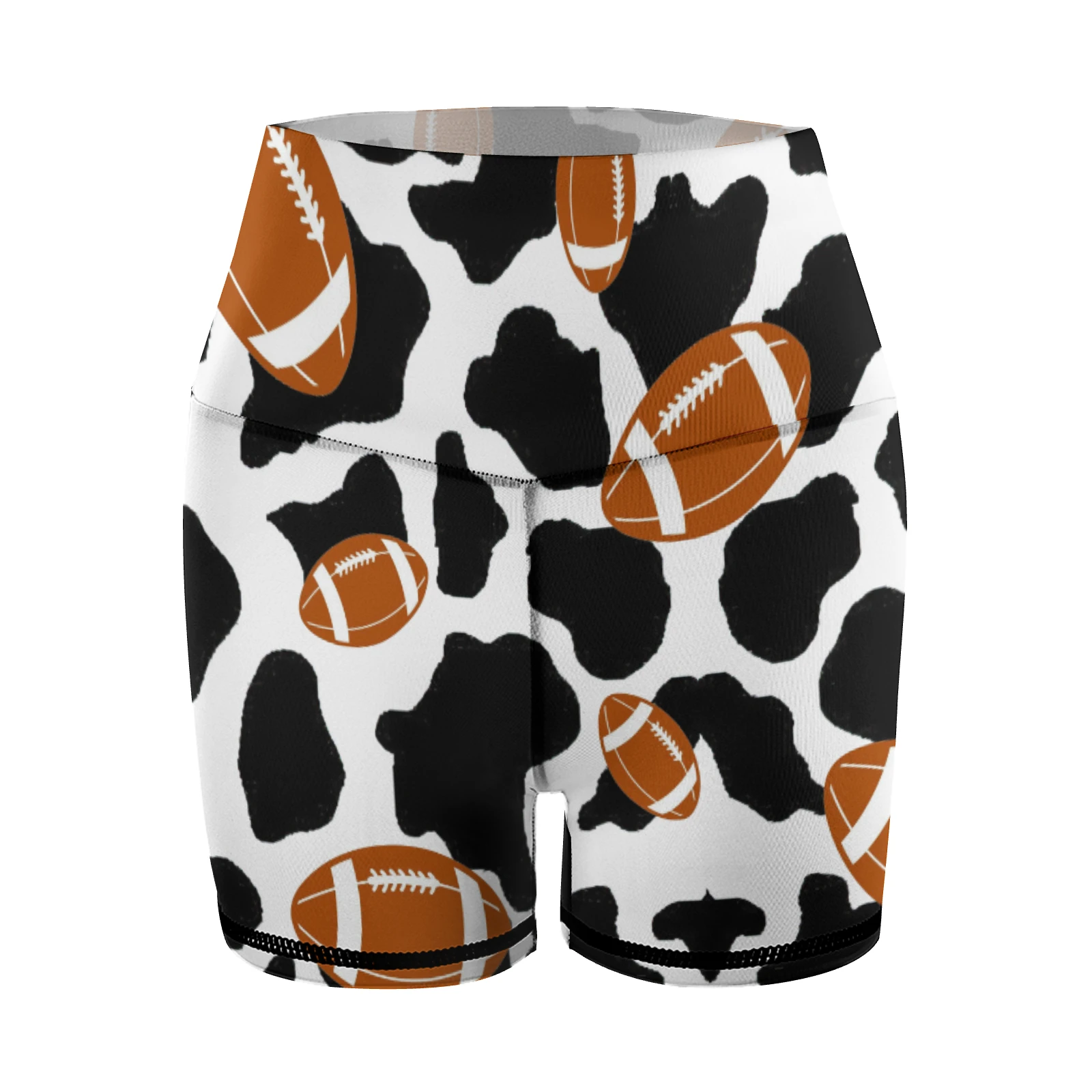 Women's High-Waist Yoga Shorts in Footballs And Cow Spots print – front product view