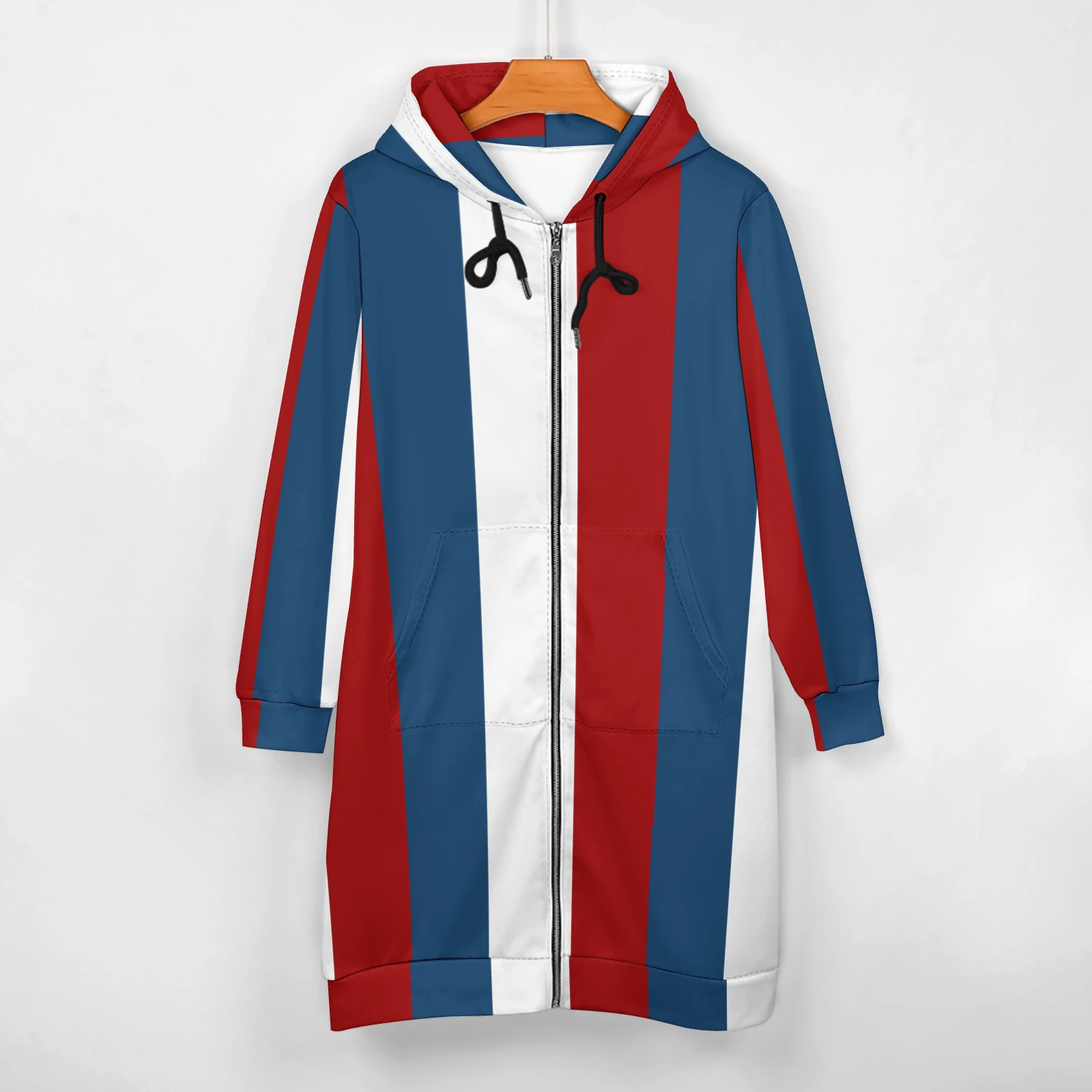Women's Longline Full Zip Hoodie in Tricolor Vertical Stripes print – front view on hanger