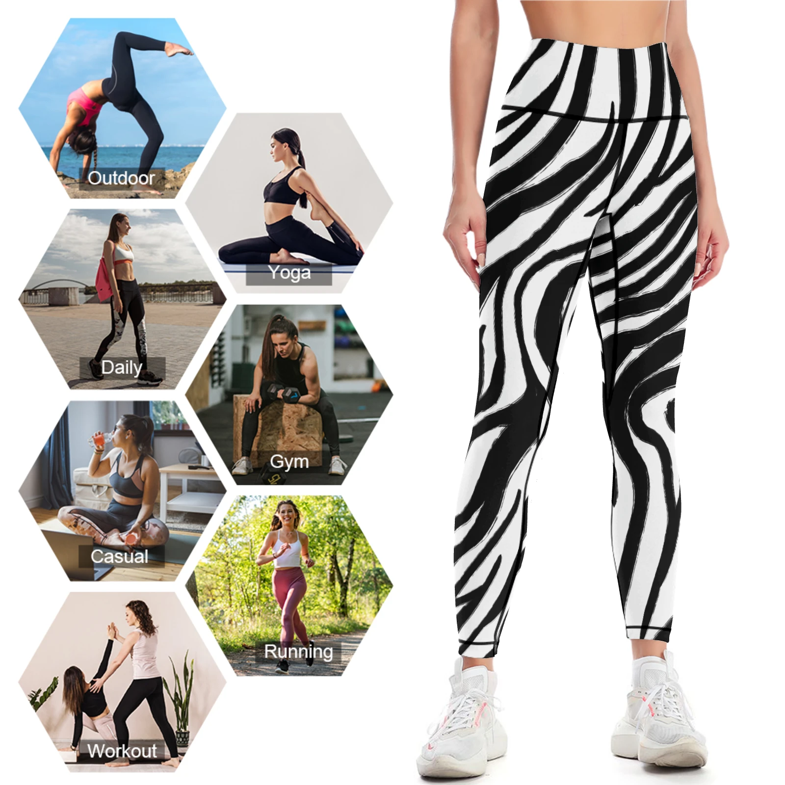 Women's High-Waist Yoga Leggings in Bold Zebra Stripes print – lifestyle collage