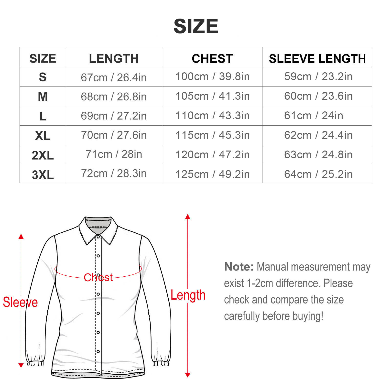 Women's Relaxed Long Sleeve Button-Down Shirt – size chart