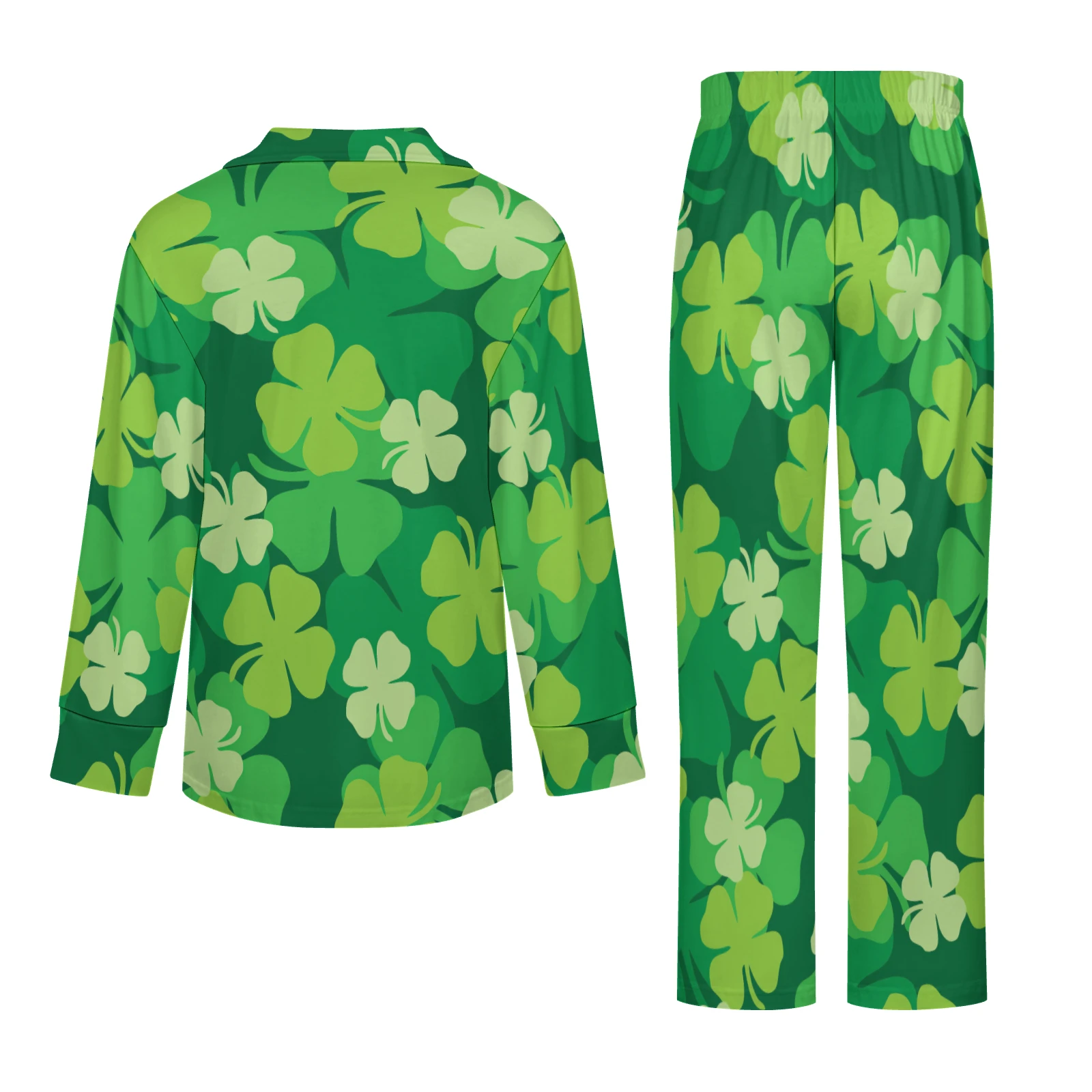 Women's Long Sleeve Button-Up Pajama Set in Green Clover Scatter print – back set view