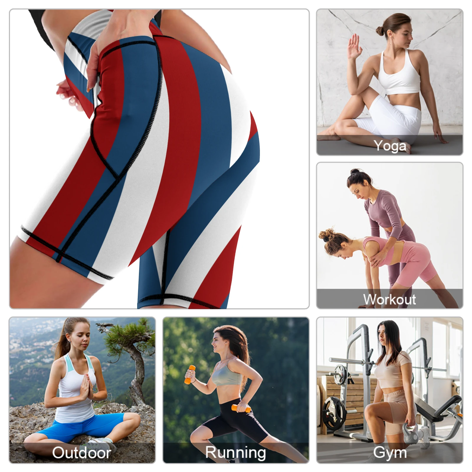 Women's High-Waist Bike Shorts with Pockets in Tricolor Vertical Stripes print – fitness lifestyle collage