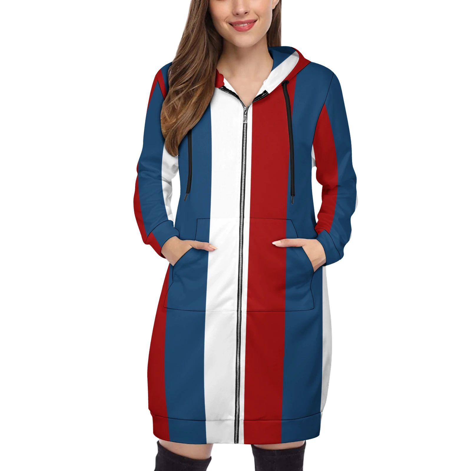 Women's Longline Full Zip Hoodie in Tricolor Vertical Stripes print – front view on model