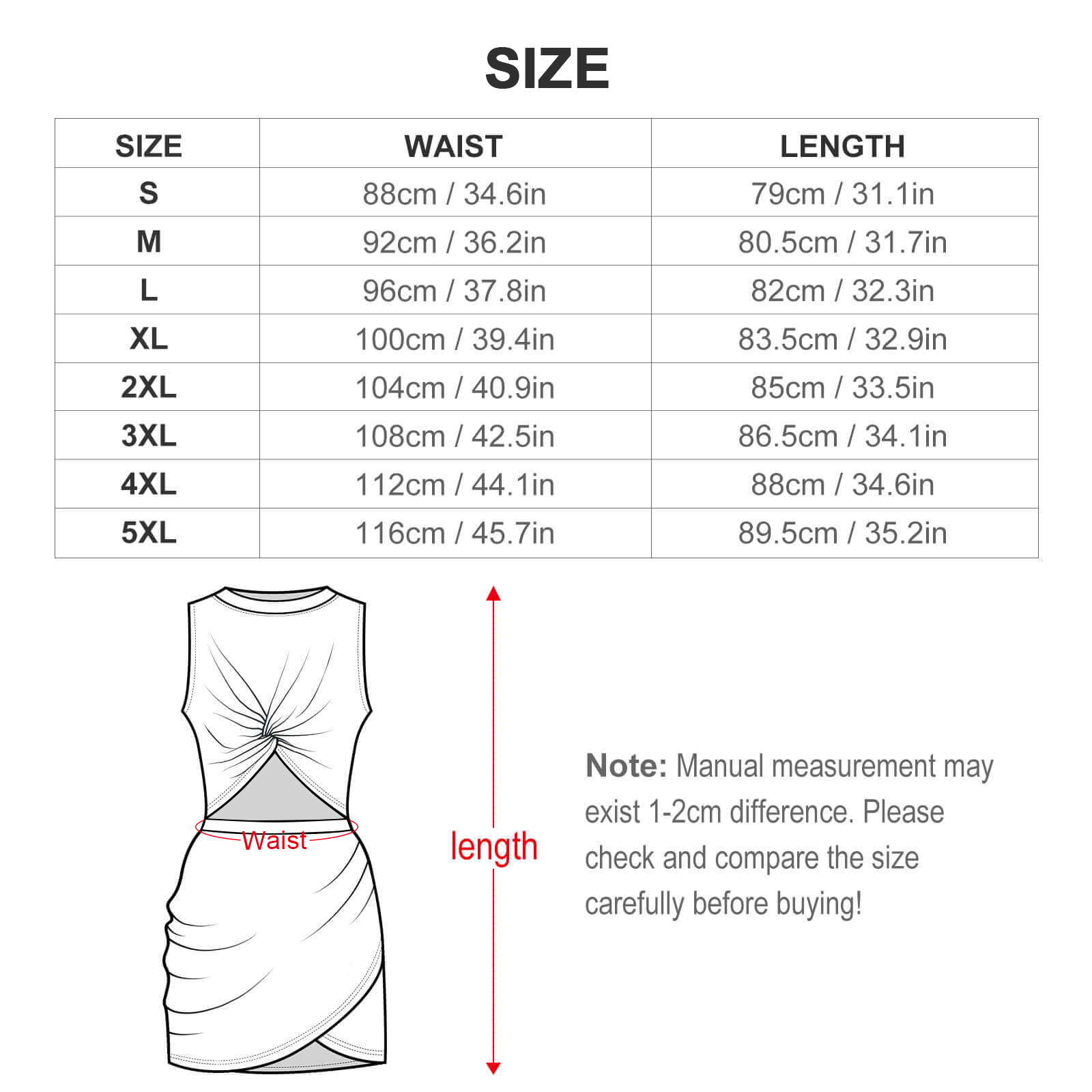 Women's Twist Front Cutout Bodycon Dress – size chart
