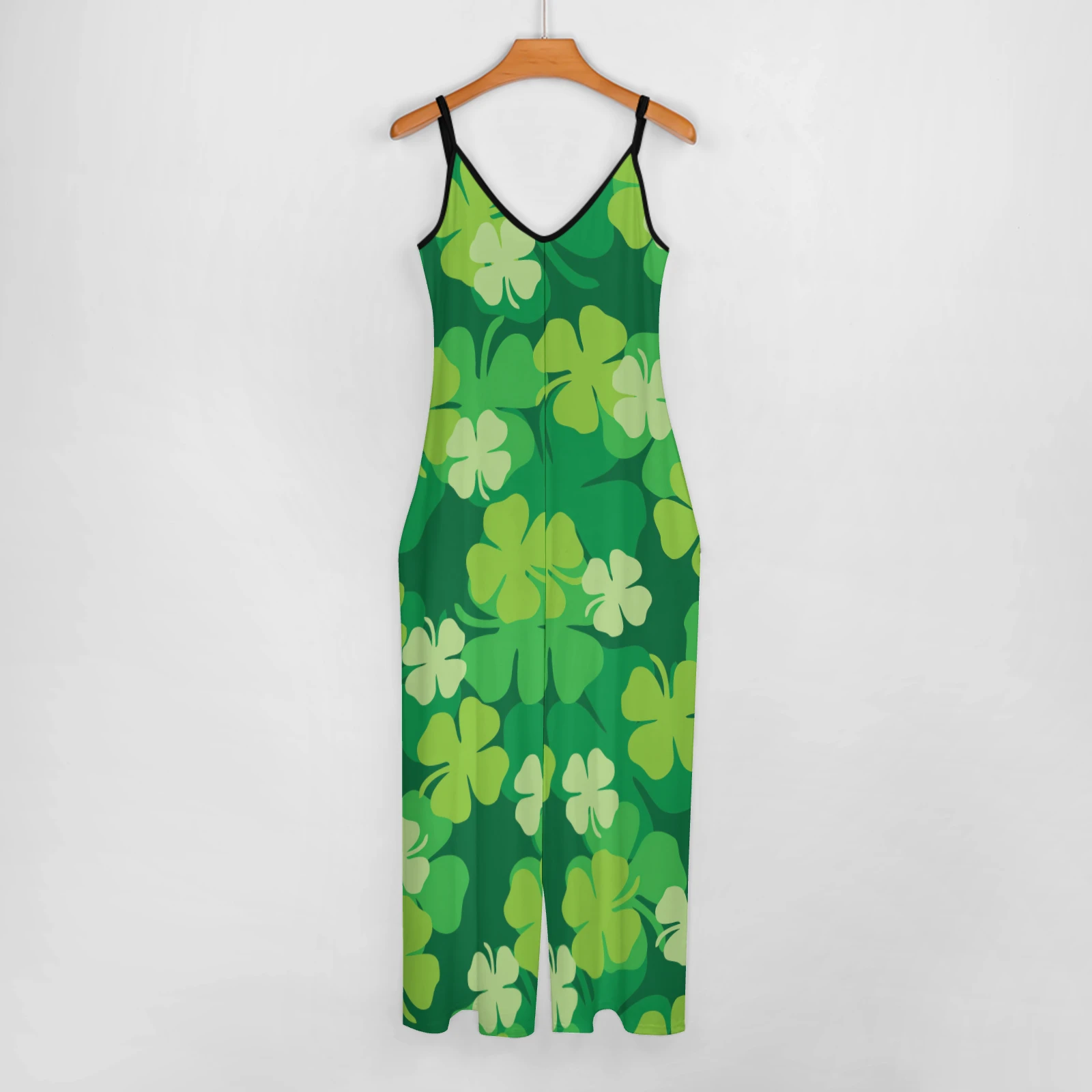 Women's Wide Leg Cami Jumpsuit in Green Clover Scatter print – front view on hanger