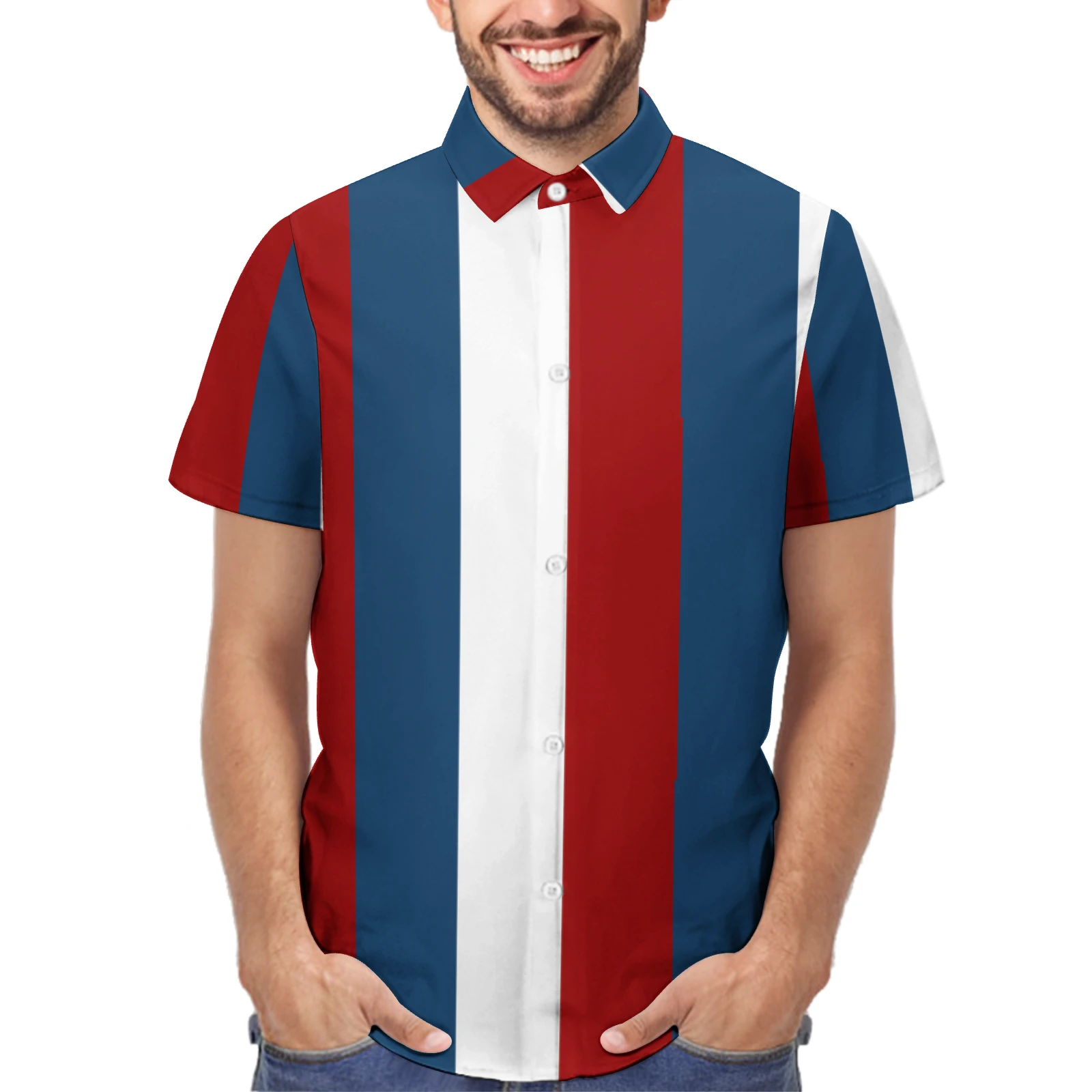 Men's Short Sleeve Button-Up Shirt in Tricolor Vertical Stripes print – front view on model