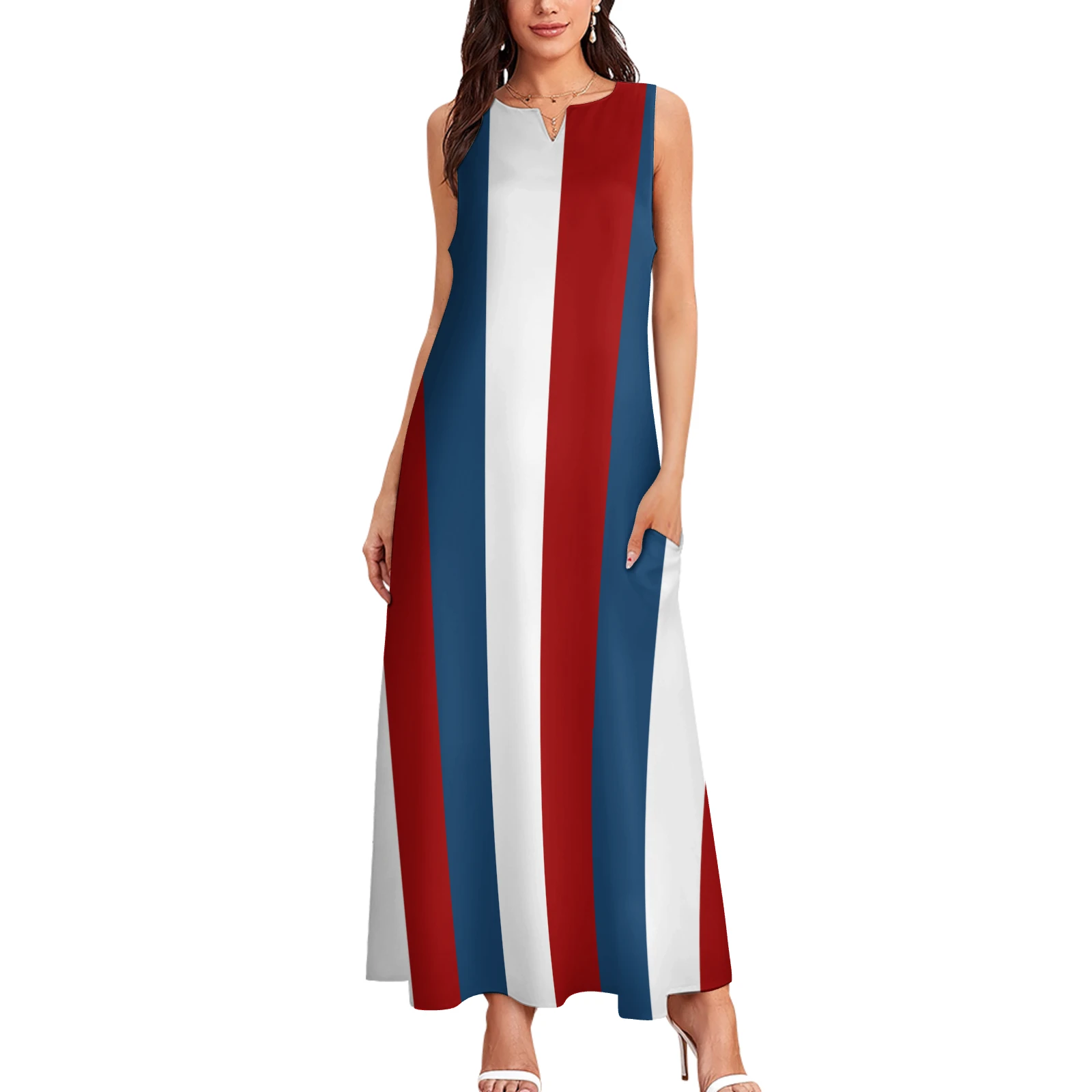 Women's Sleeveless Notched-Neck Maxi Dress in Tricolor Vertical Stripes print – front view with heels