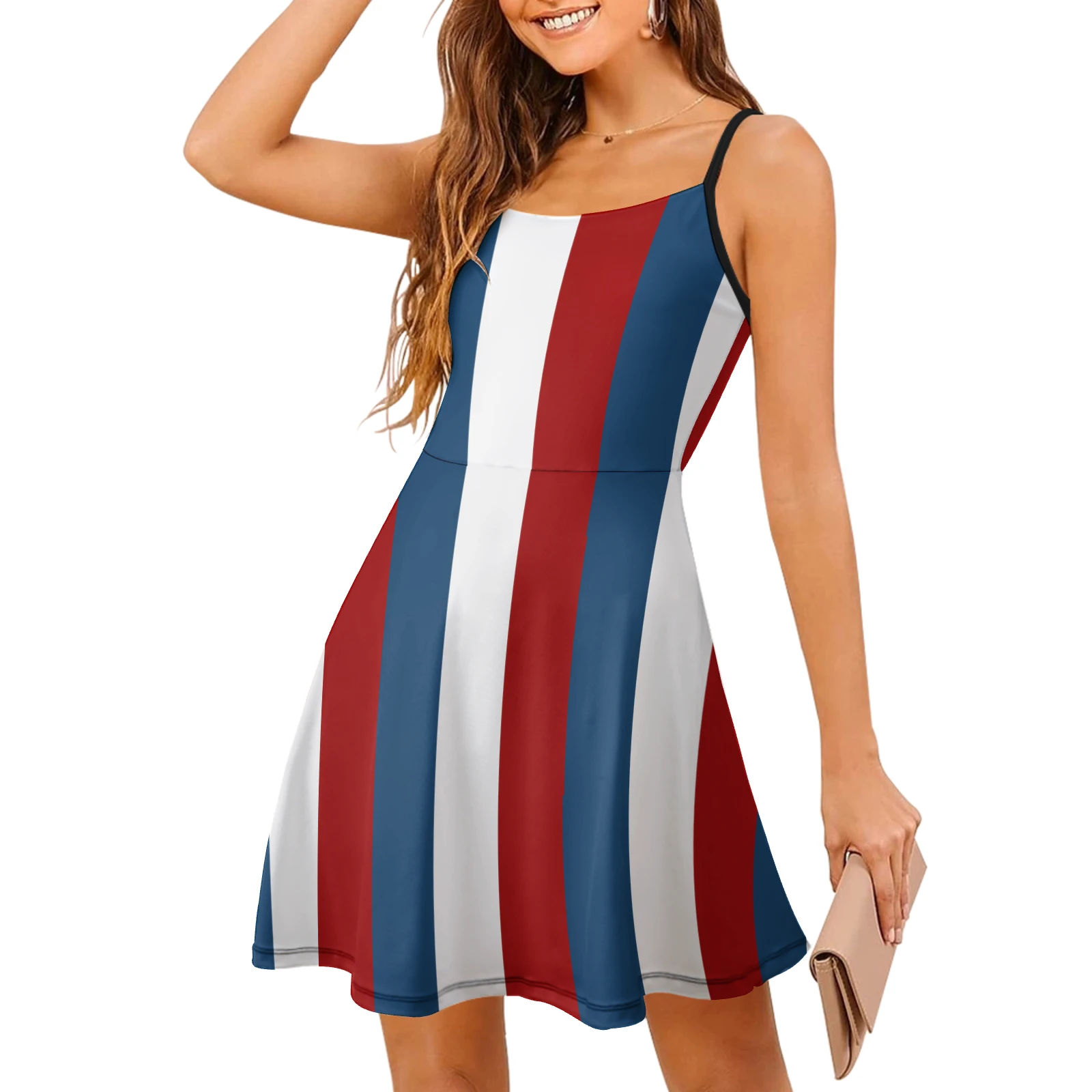 Women's Cami Skater Mini Dress in Tricolor Vertical Stripes print – front view on model