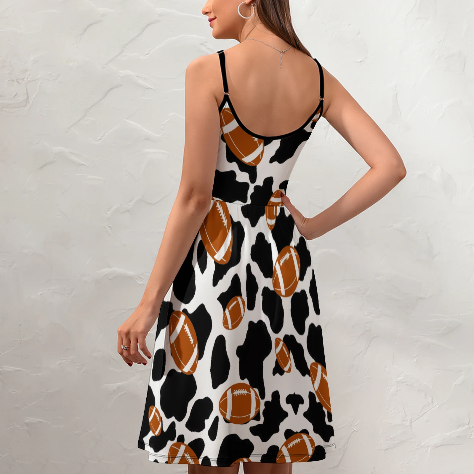 Women's V-Neck Cami Skater Dress in Footballs And Cow Spots print – back lifestyle view