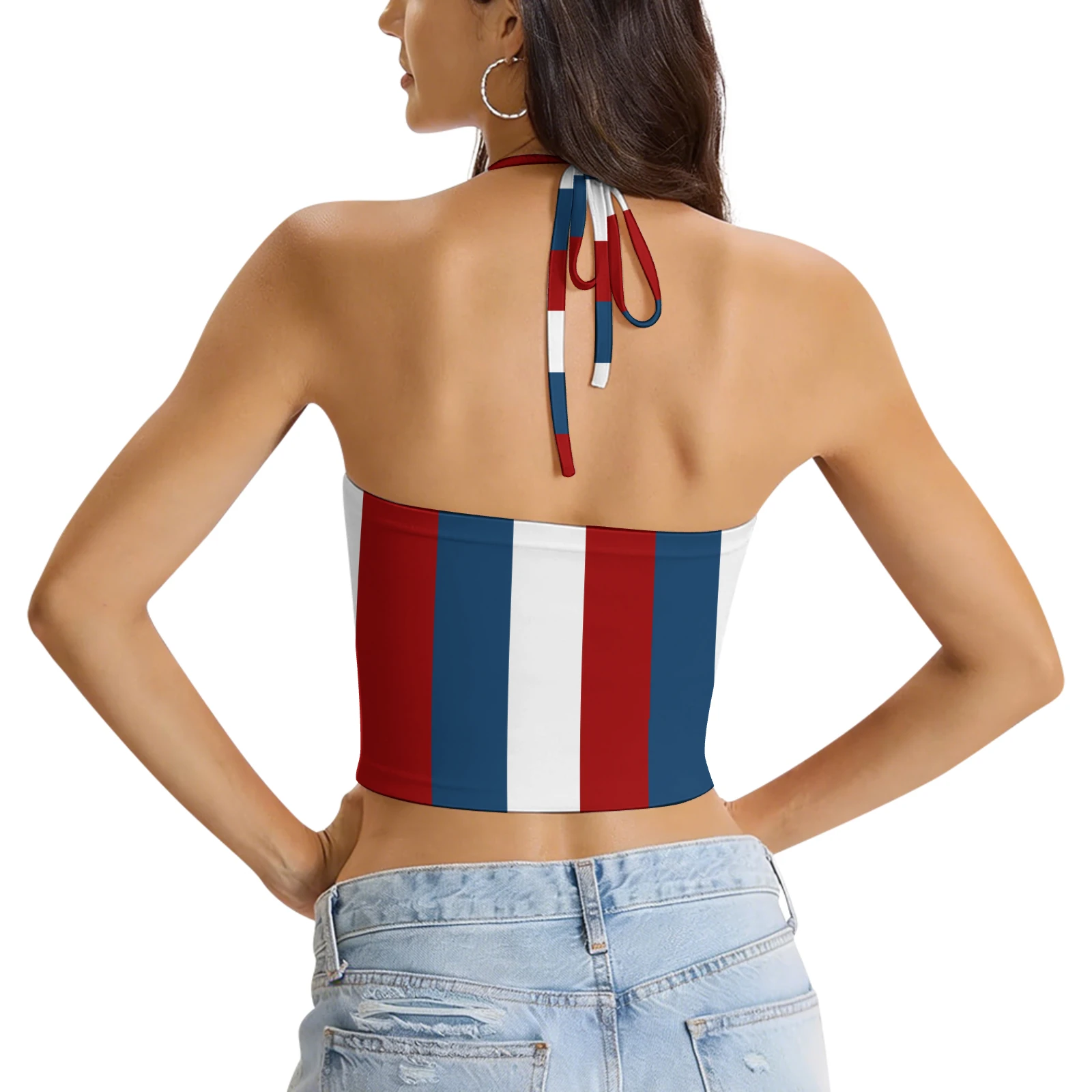 Women's Halter Tie Crop Top in Tricolor Vertical Stripes print – back view on model