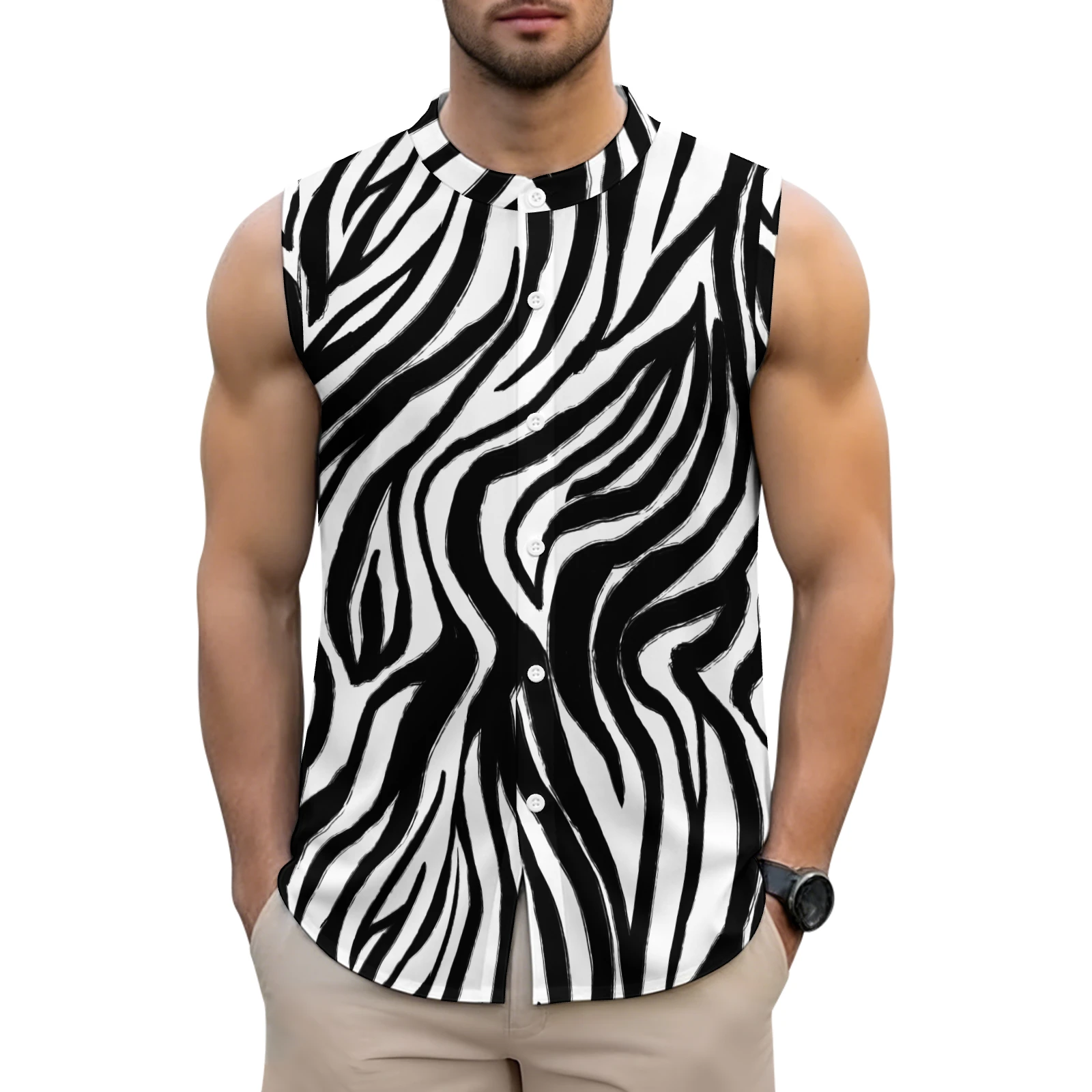Men's Sleeveless Button-Up Shirt in Bold Zebra Stripes print – front view on model