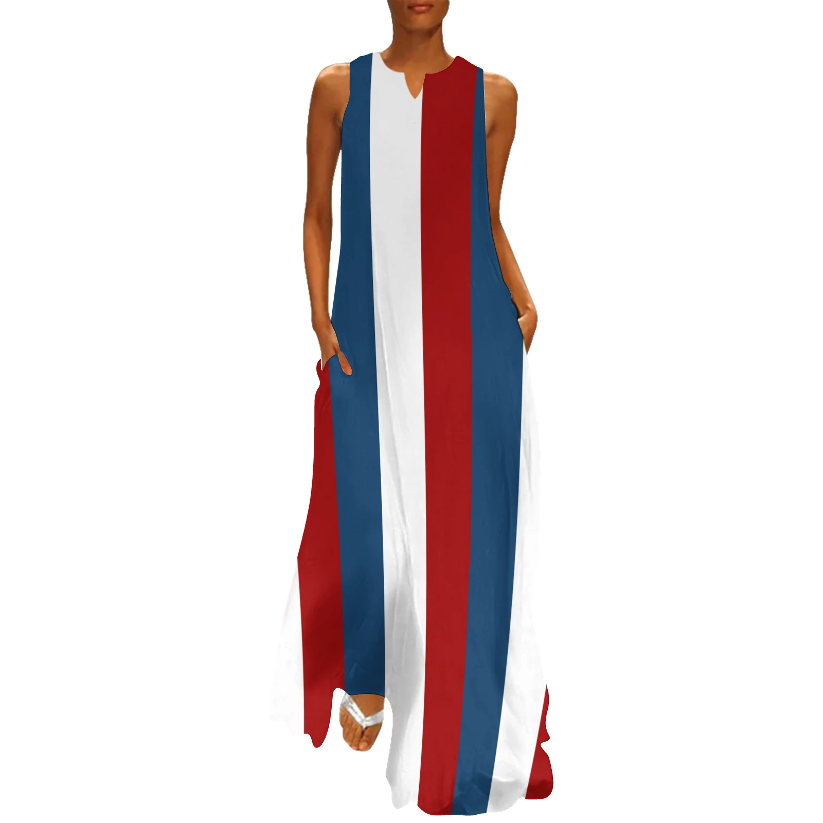 Women's Sleeveless Notched-Neck Maxi Dress in Tricolor Vertical Stripes print – front view on model