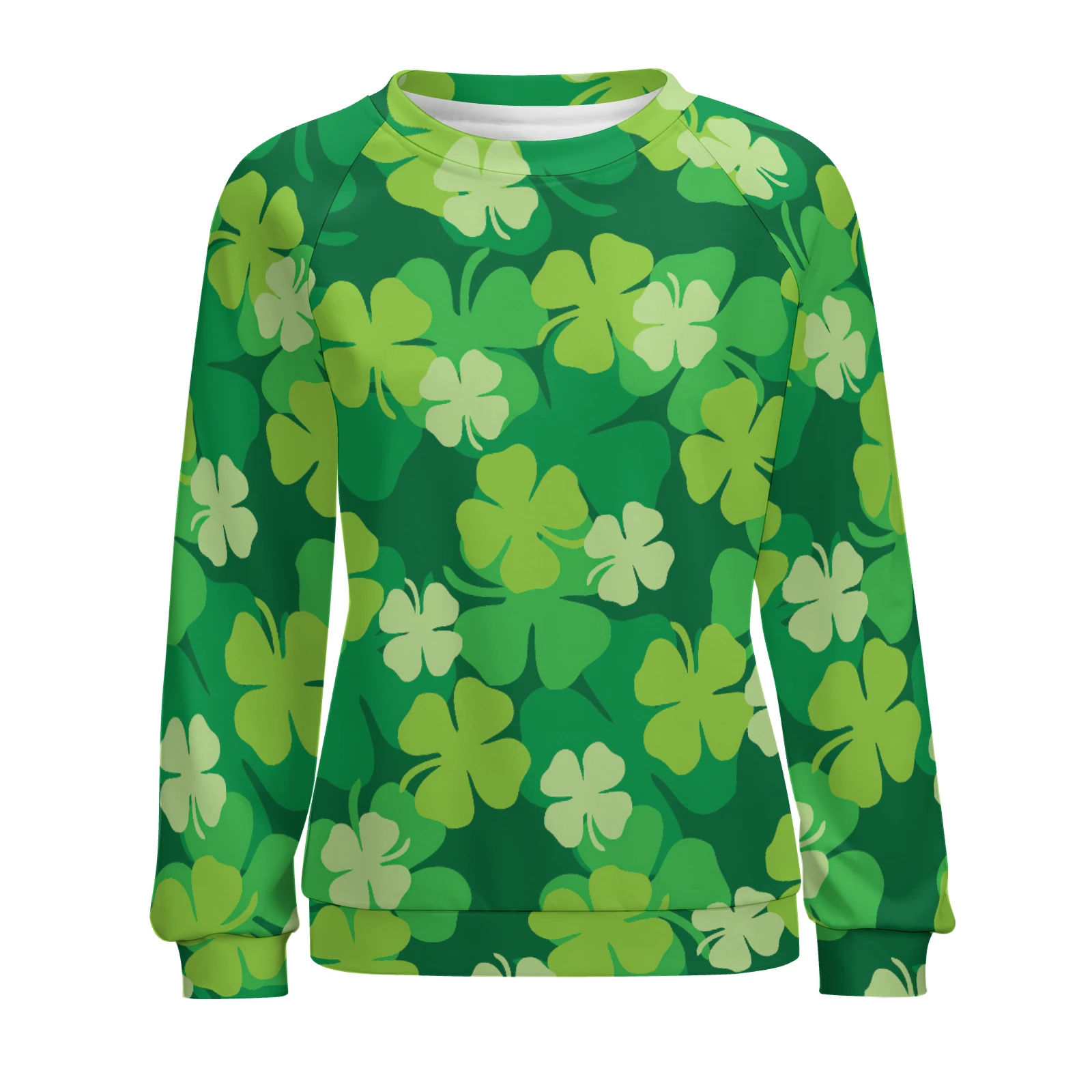 Women's Raglan Crew Neck Sweatshirt in Green Clover Scatter print – front view