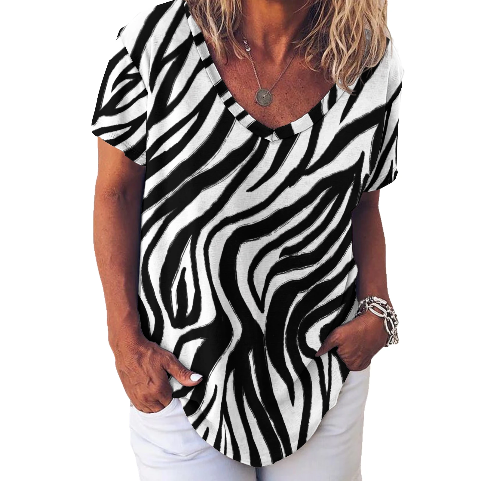 Women's V-Neck Short Sleeve Tee in Bold Zebra Stripes print – front neckline detail