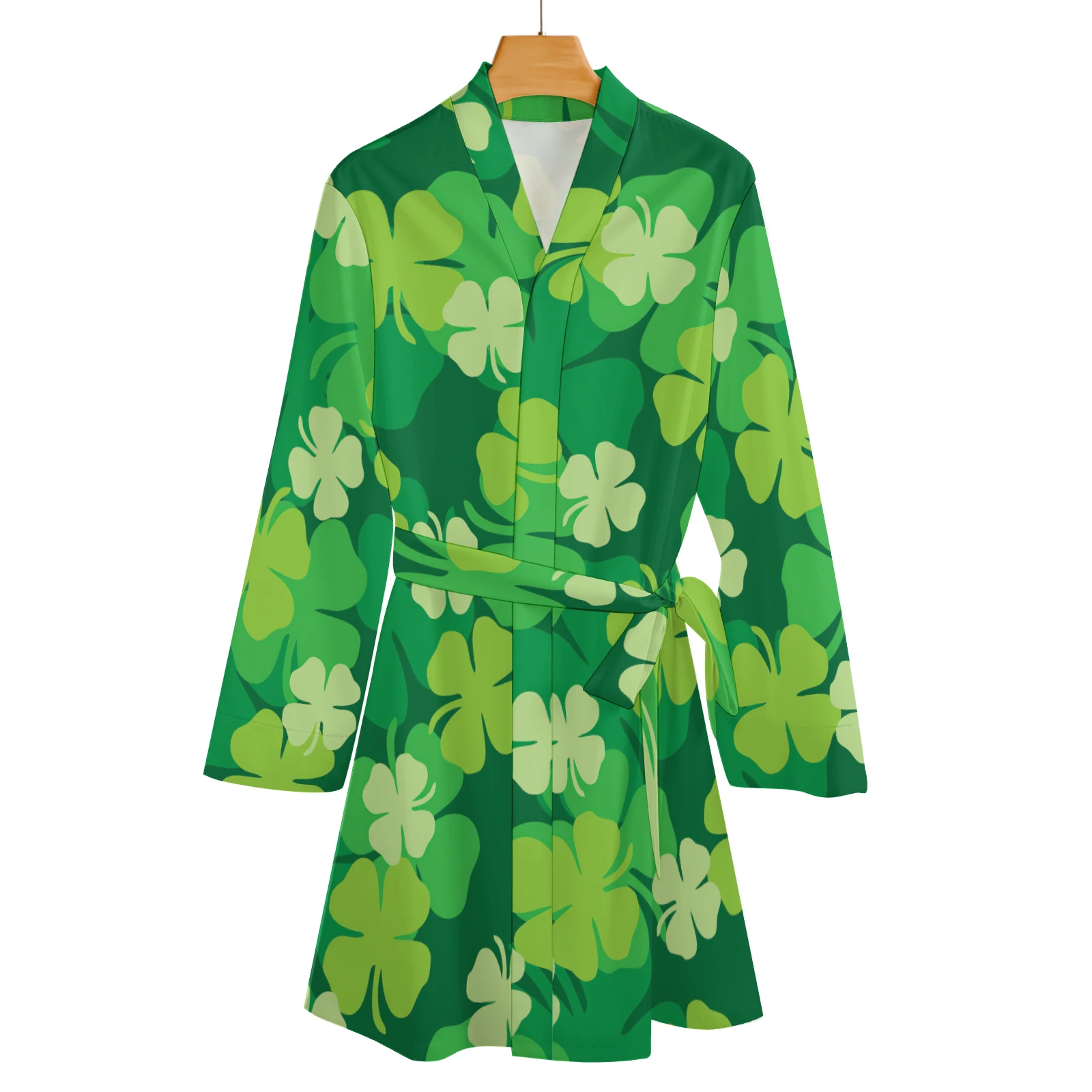 Women's Long Sleeve Belted Robe in Green Clover Scatter print – front hanging view