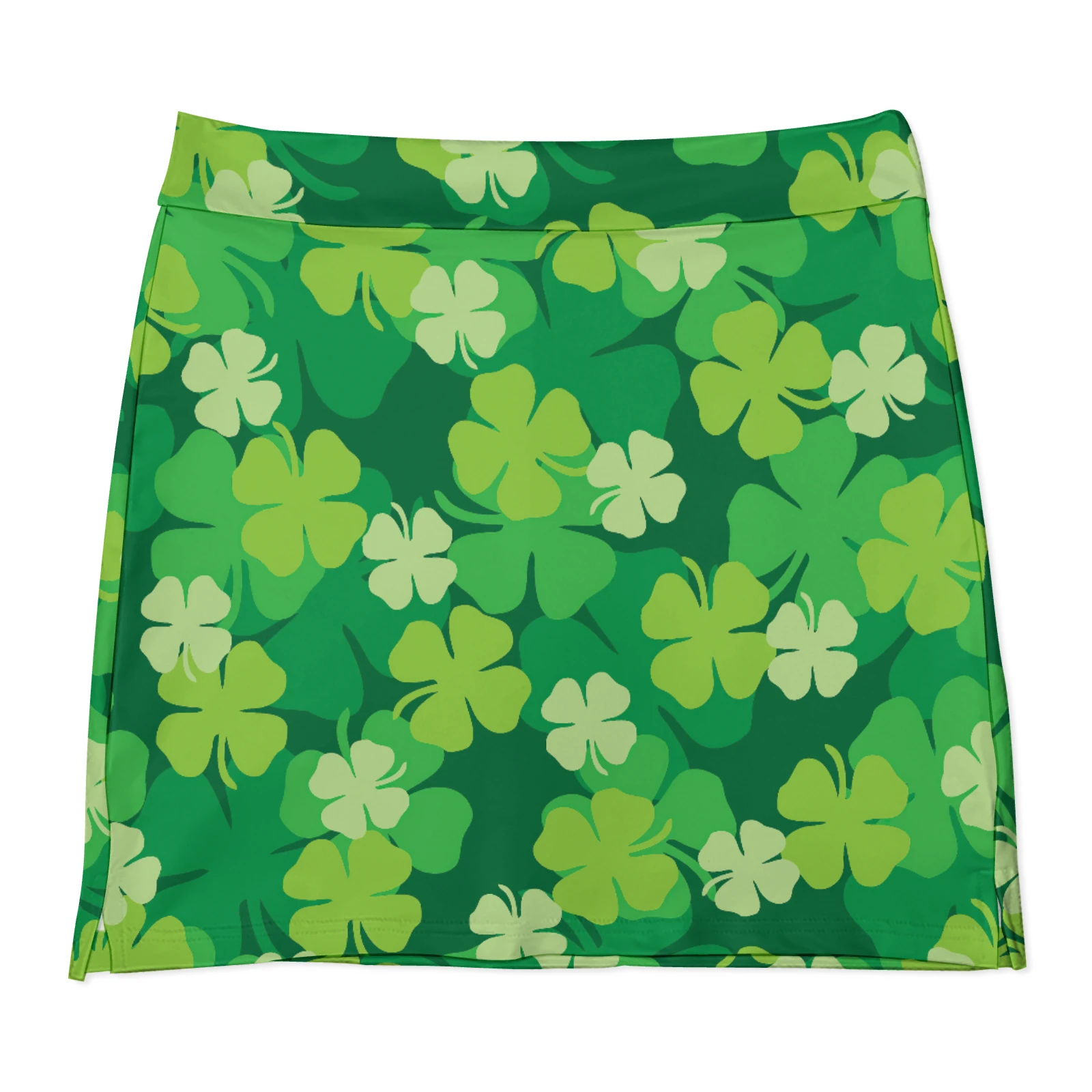 Women's Wrap Front Skort with Phone Pocket in Green Clover Scatter print – Flat lay skirt view