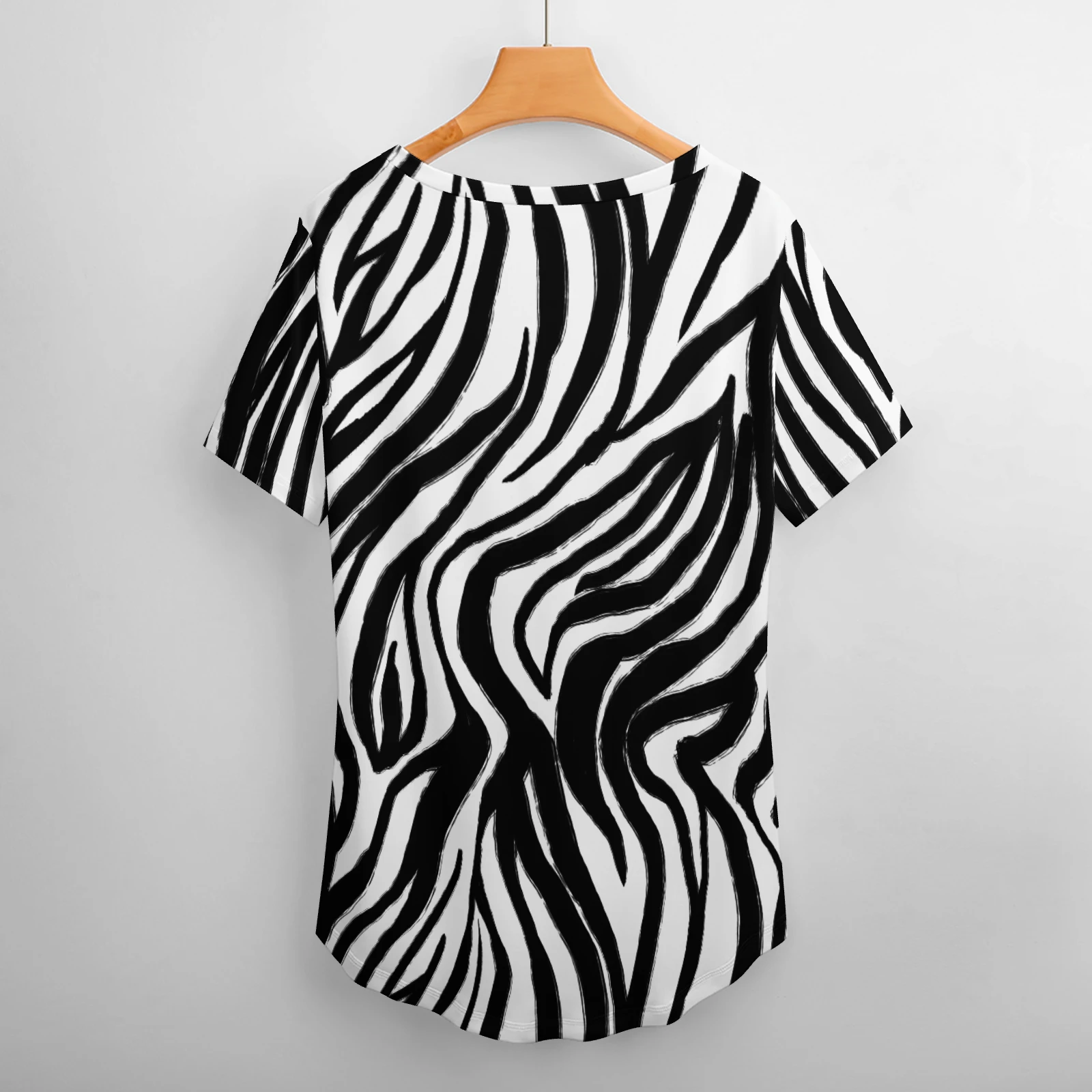Women's V-Neck Short Sleeve Tee in Bold Zebra Stripes print – back view on hanger