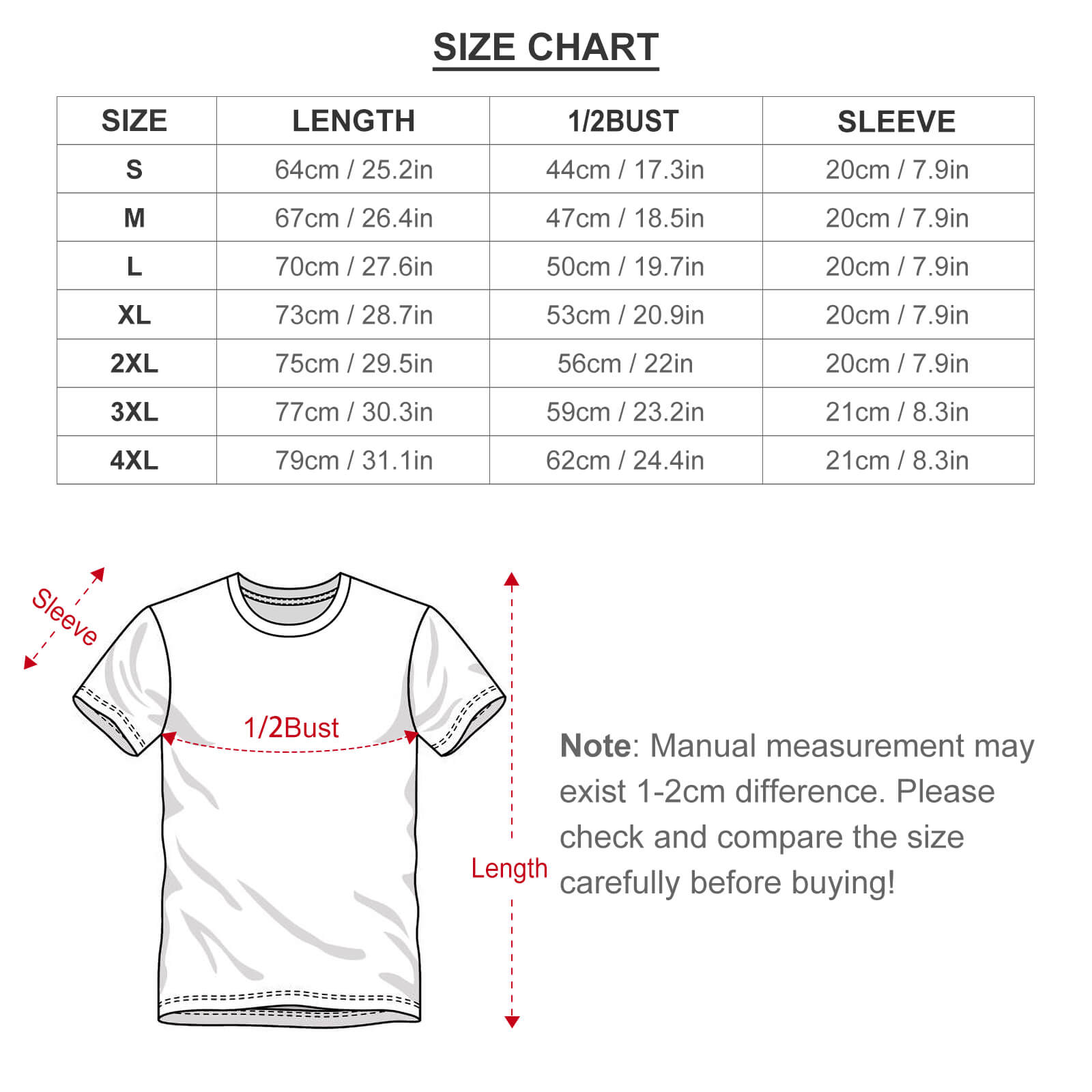 Unisex Crew Neck Short Sleeve Tee – size chart