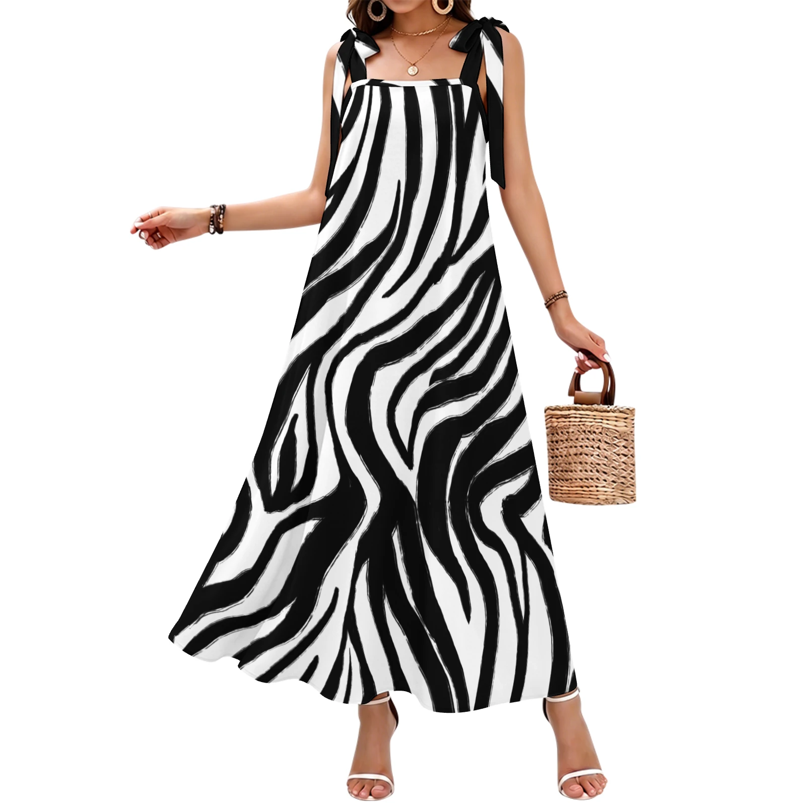 Women's Tie-Shoulder Maxi Dress in Bold Zebra Stripes print – front view on model