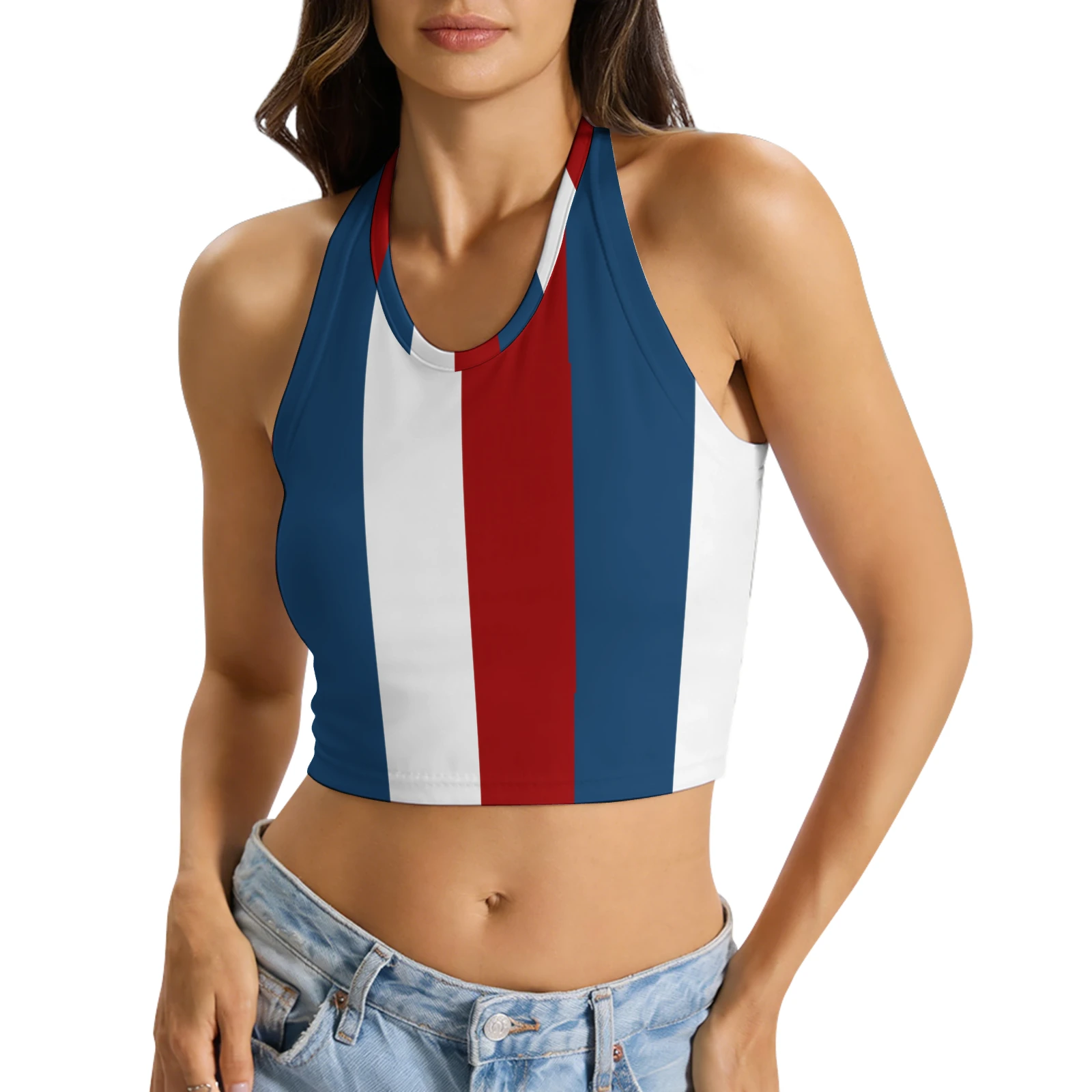 Women's Halter Tie Crop Top in Tricolor Vertical Stripes print – front view on model