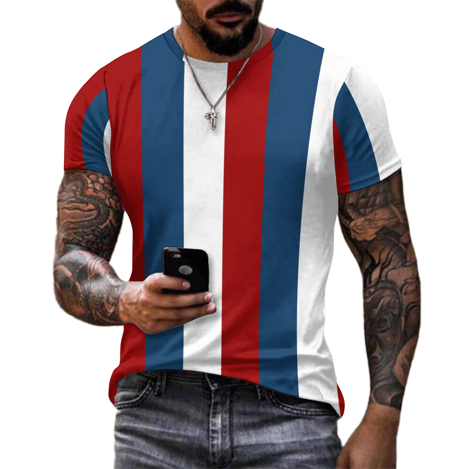 Men's Crew Neck Short Sleeve Tee in Tricolor Vertical Stripes print – casual model front view