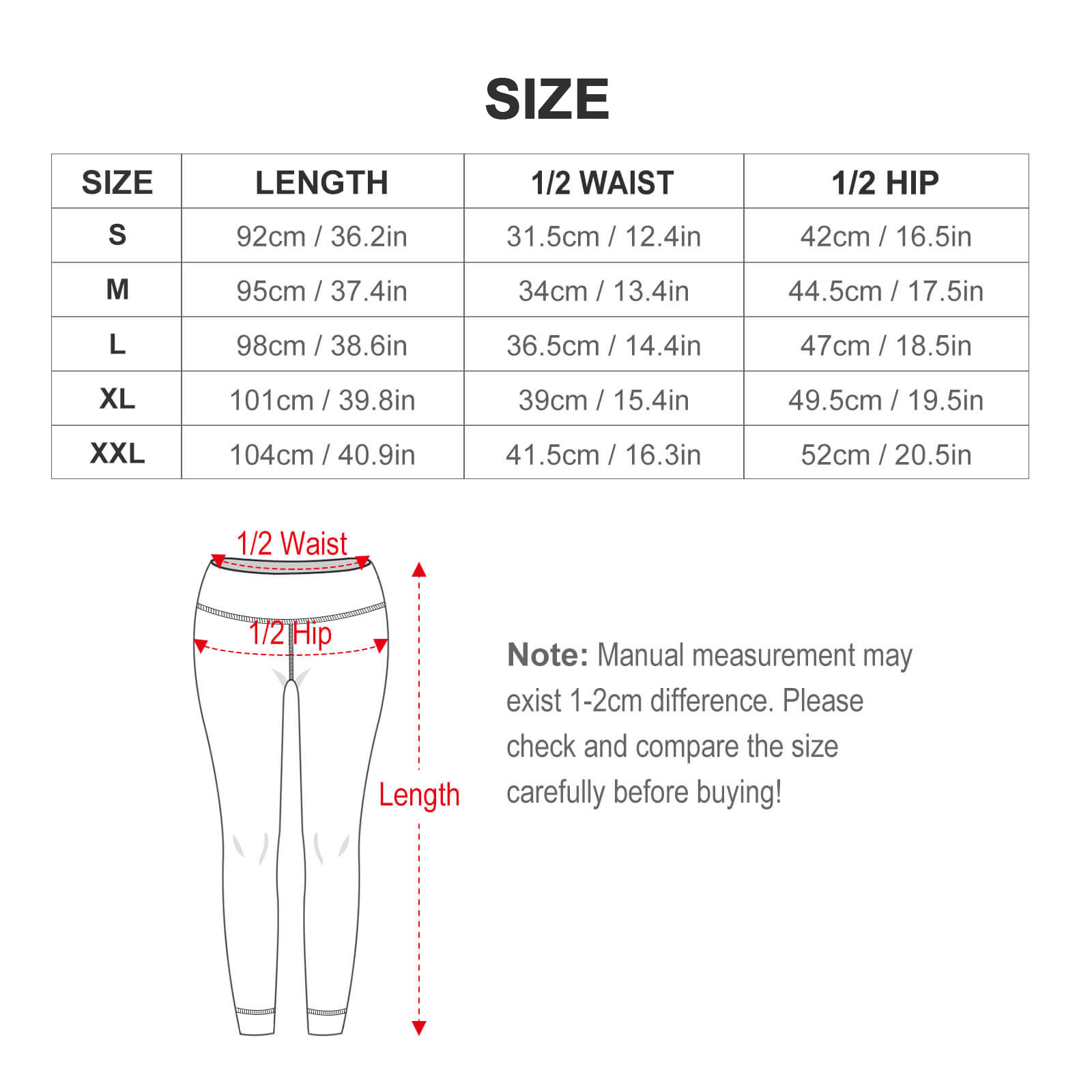 Women's High-Waist Yoga Leggings – size chart