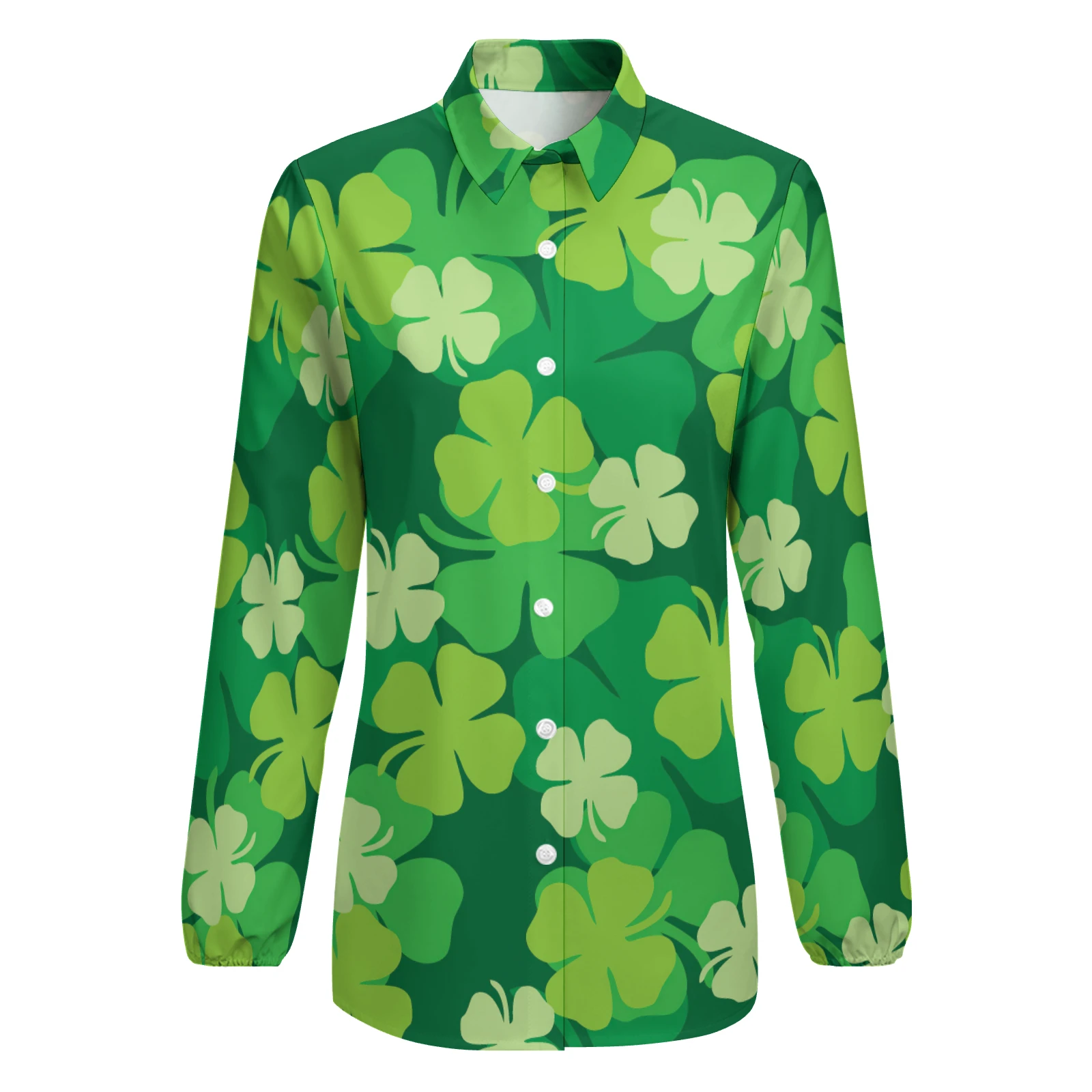 Women's Relaxed Long Sleeve Button-Down Shirt in Green Clover Scatter print – front product view