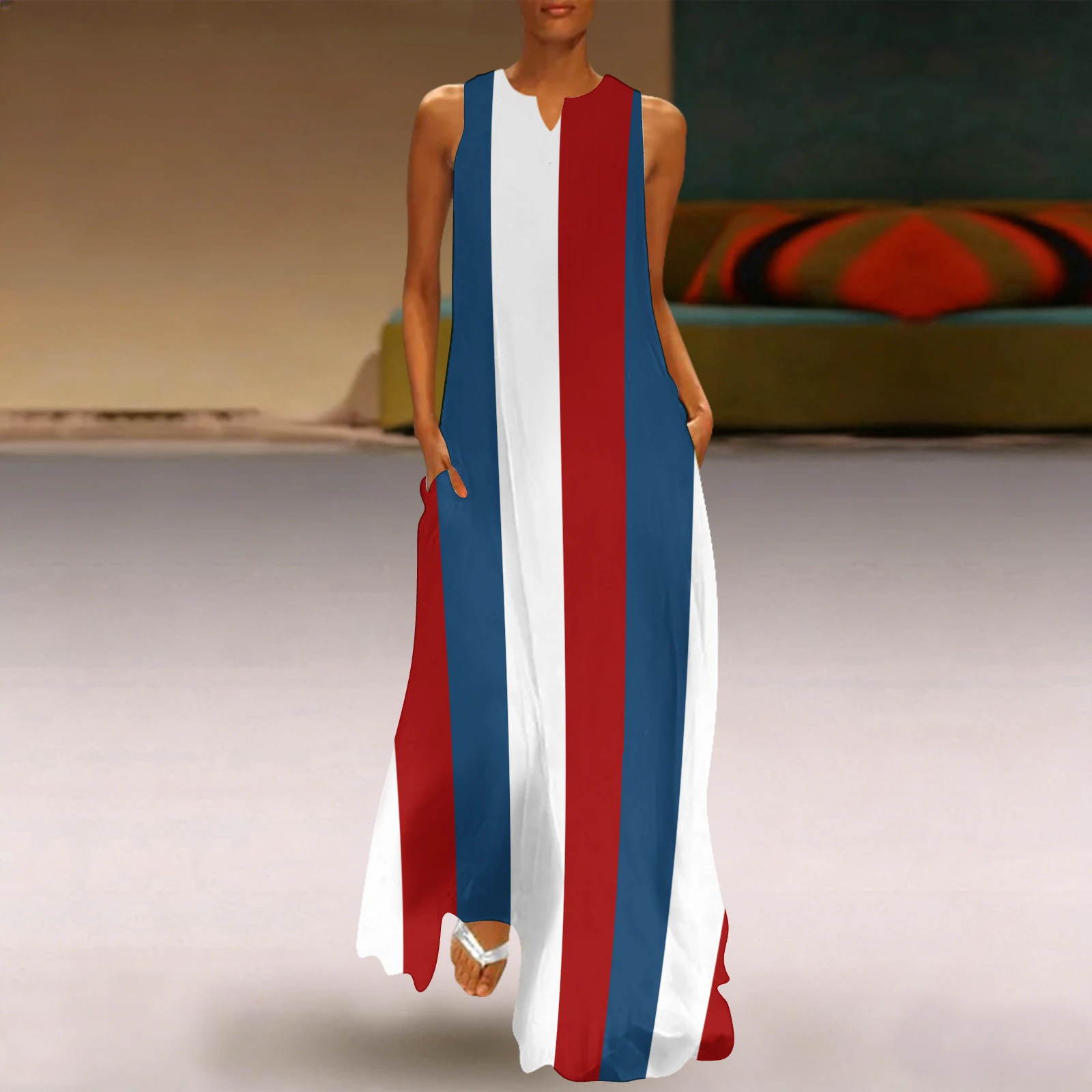 Women's Sleeveless Notched-Neck Maxi Dress in Tricolor Vertical Stripes print – lifestyle front view