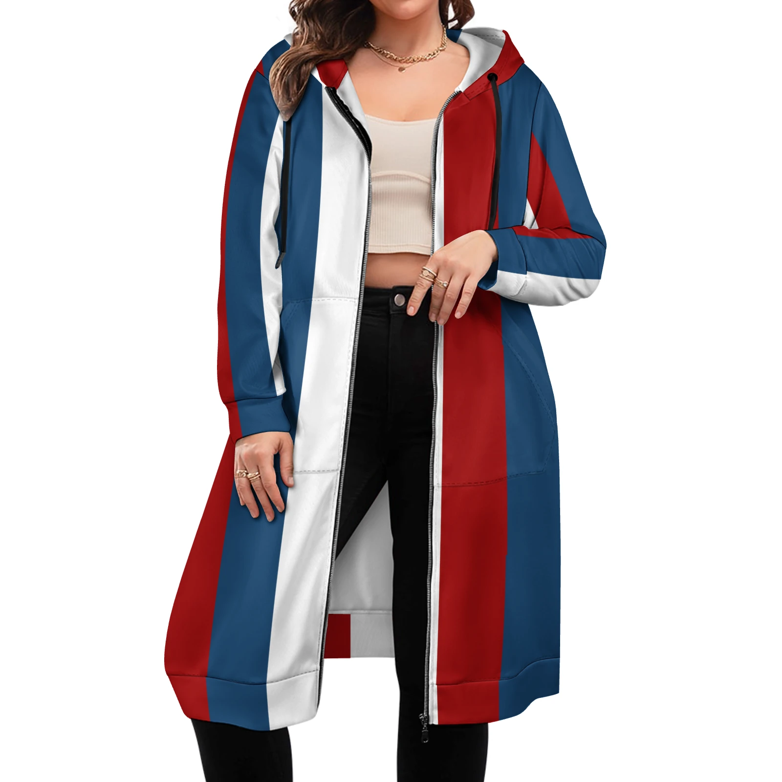 Women's Longline Full Zip Hoodie in Tricolor Vertical Stripes print – unzipped front on model